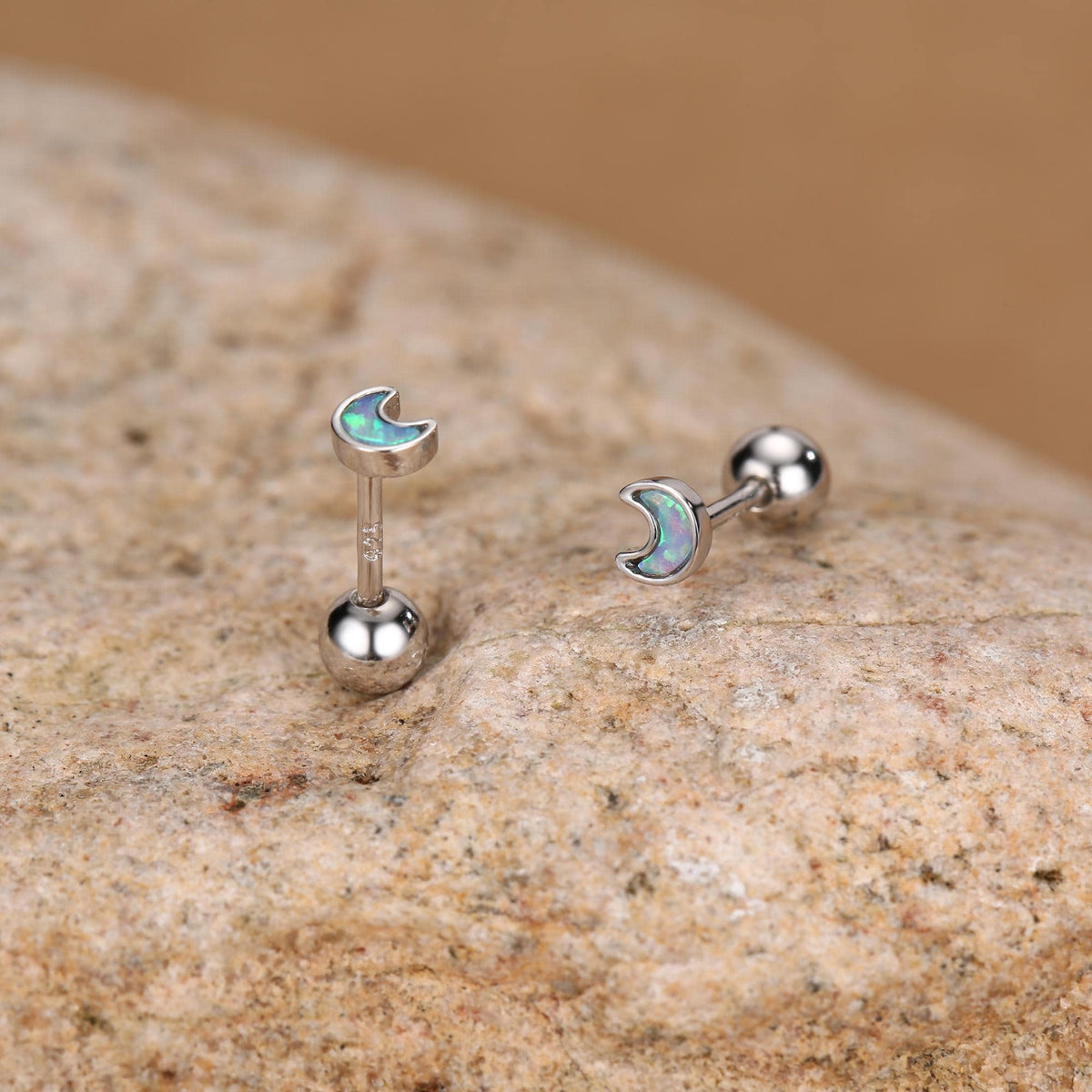 Sterling Silver Blue Lab Opal Moon 18G Screw Back Earrings