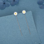 Enamel Daisy Chain Threader Earrings in Sterling Silver, Daisy Flower with a Pull Through Dangle Chain Earrings, Flower Chain Earrings