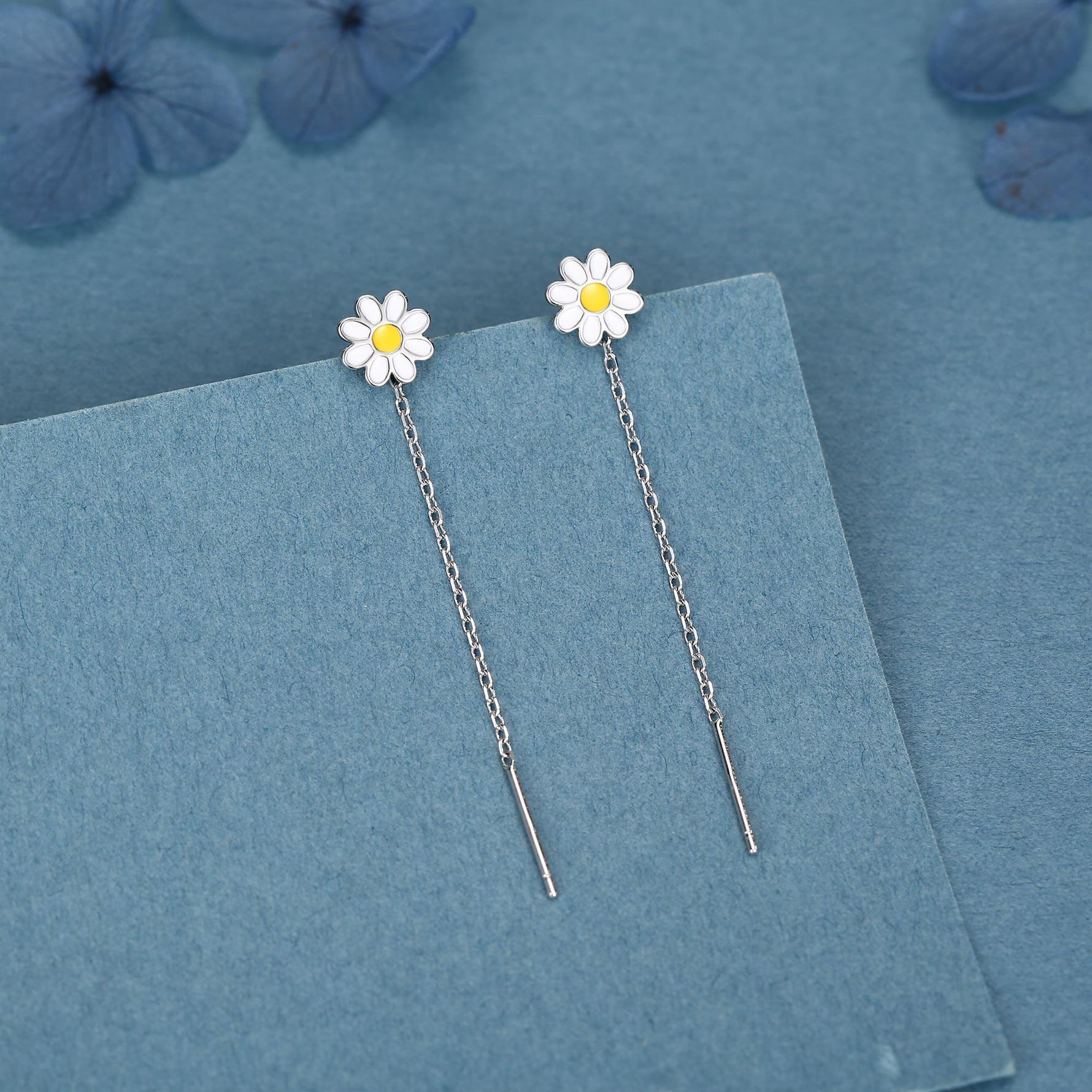 Enamel Daisy Chain Threader Earrings in Sterling Silver, Daisy Flower with a Pull Through Dangle Chain Earrings, Flower Chain Earrings