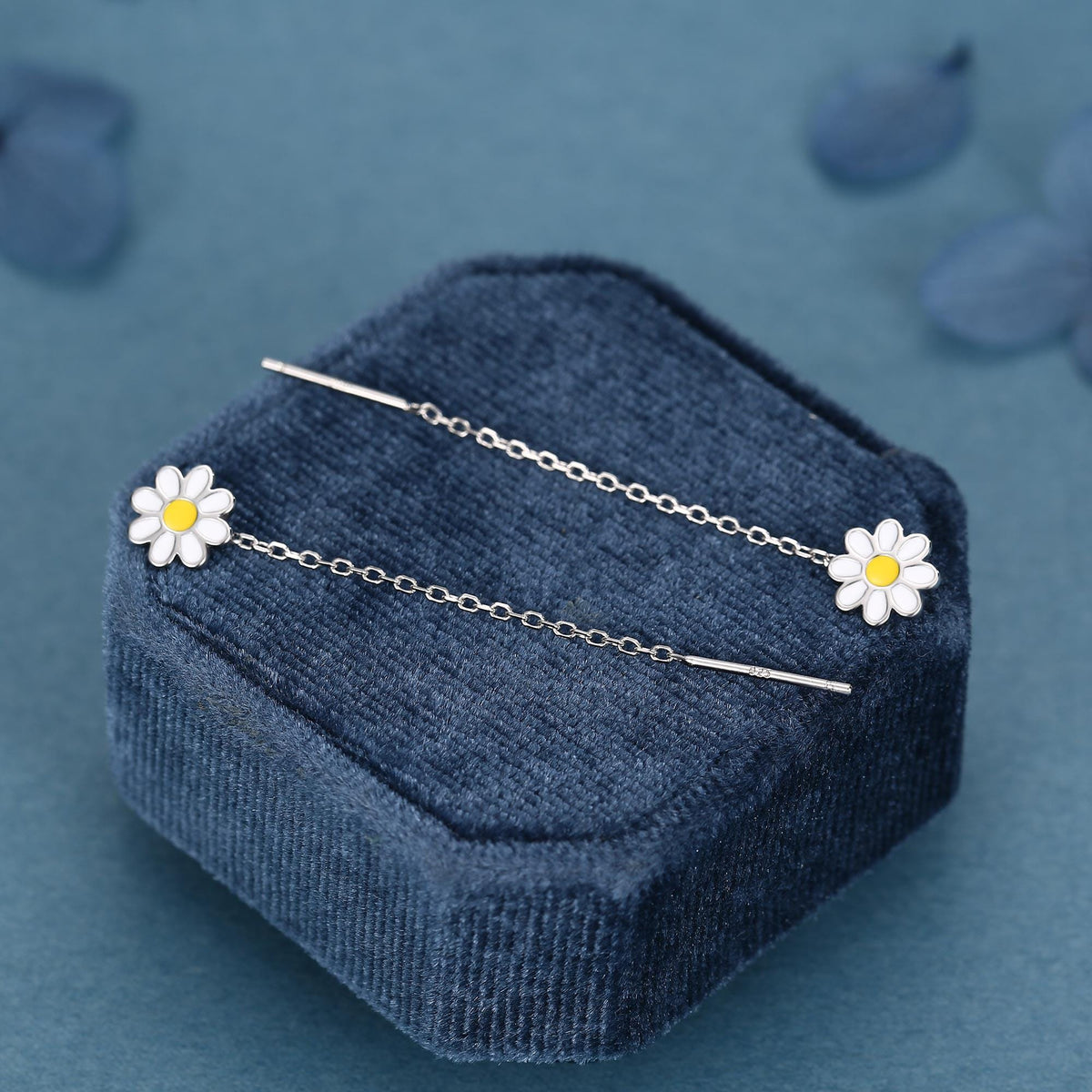 Enamel Daisy Chain Threader Earrings in Sterling Silver, Daisy Flower with a Pull Through Dangle Chain Earrings, Flower Chain Earrings