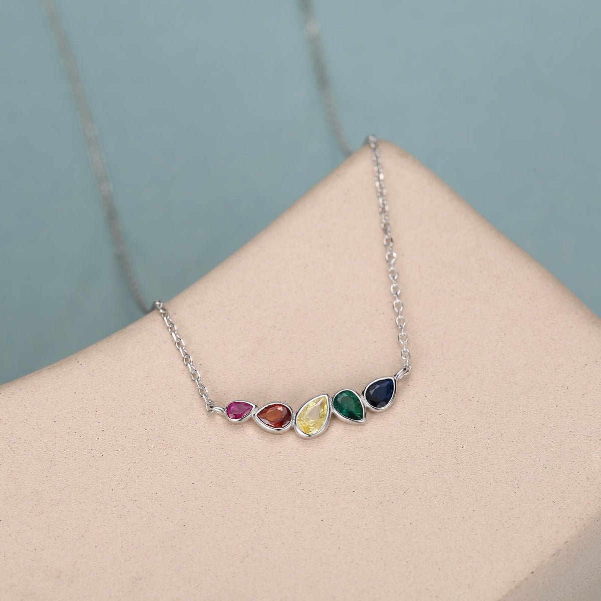 Rainbow Droplet Cluster Pendant Necklace in Sterling Silver, Silver or Gold, Silver Rainbow CZ Pear Cut Necklace, Rainbow CZ Cluster Pendant