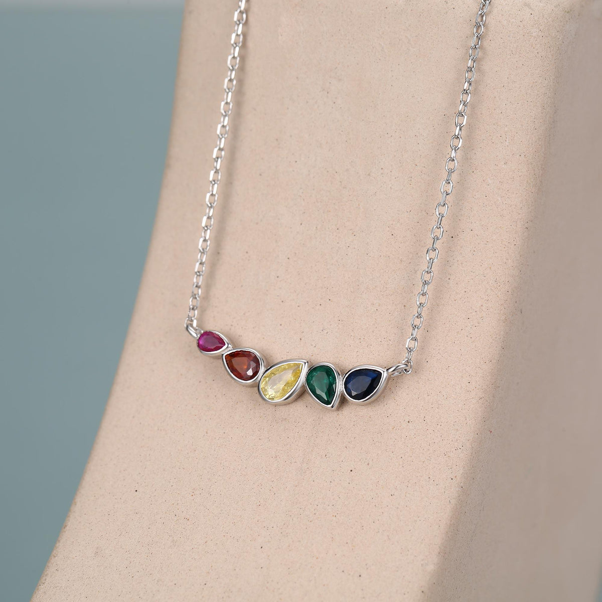 Rainbow Droplet Cluster Pendant Necklace in Sterling Silver, Silver or Gold, Silver Rainbow CZ Pear Cut Necklace, Rainbow CZ Cluster Pendant