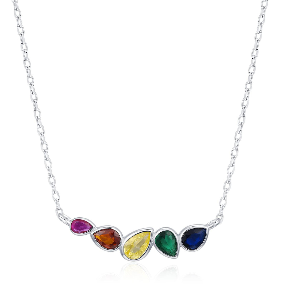 Rainbow Droplet Cluster Pendant Necklace in Sterling Silver, Silver or Gold, Silver Rainbow CZ Pear Cut Necklace, Rainbow CZ Cluster Pendant