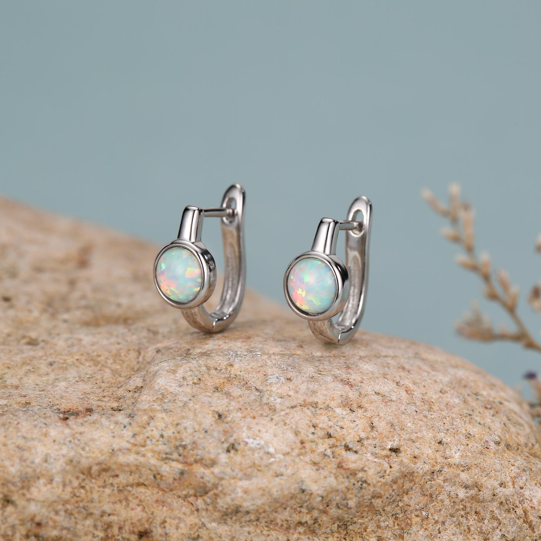 White Opal Huggie Hoop Earrings in Sterling Silver, Silver or Gold, 5mm Opal Lever Hoops, Opal Hoops, Simulated Opal Hoops, Fire Opal Hoops