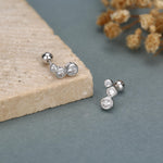 Extra Tiny CZ Trio Screw Back Earrings in Sterling Silver, Silver or Gold, Geometric Tiny Three CZ Bezel Barbell Earrings, Stacking Earrings