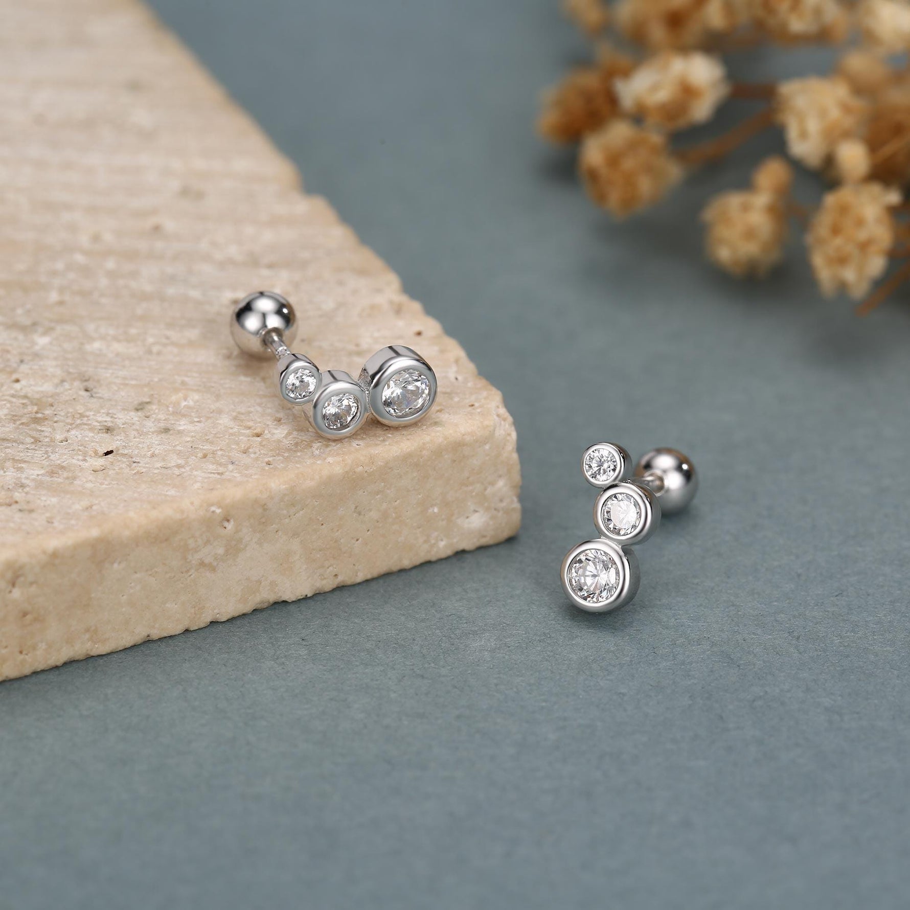 Extra Tiny CZ Trio Screw Back Earrings in Sterling Silver, Silver or Gold, Geometric Tiny Three CZ Bezel Barbell Earrings, Stacking Earrings