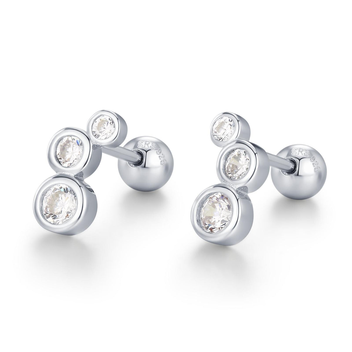 Extra Tiny CZ Trio Screw Back Earrings in Sterling Silver, Silver or Gold, Geometric Tiny Three CZ Bezel Barbell Earrings, Stacking Earrings