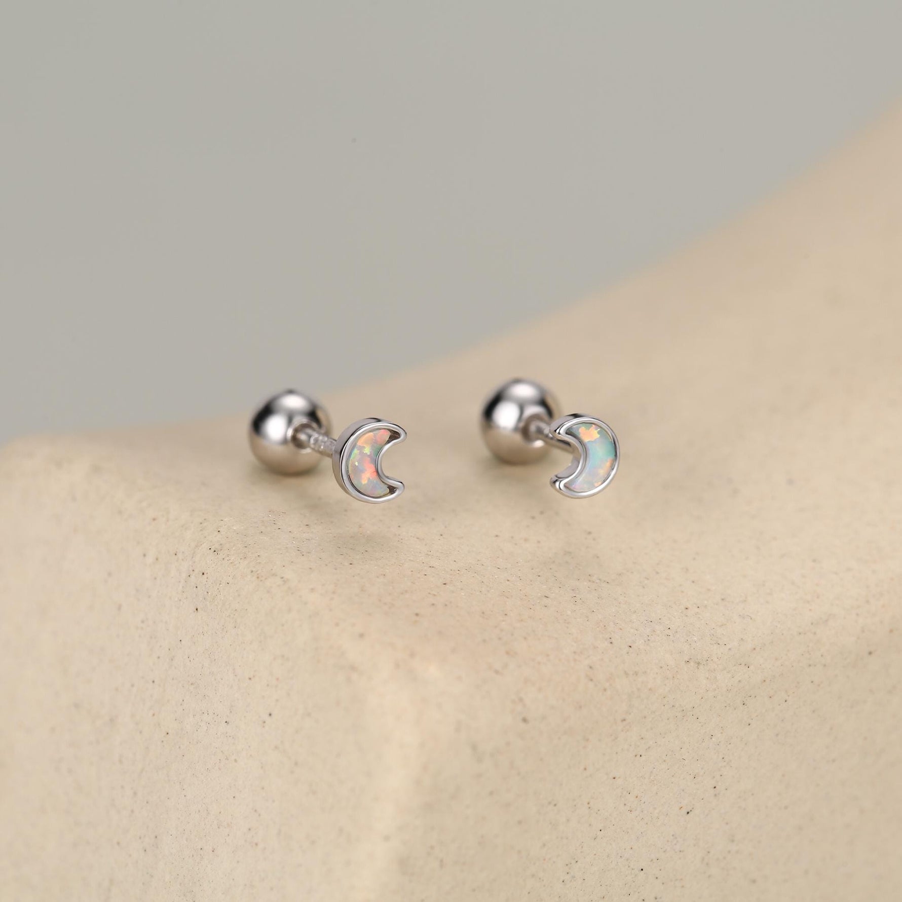 Sterling Silver White Lab Opal Moon 18G Screw Back Earrings