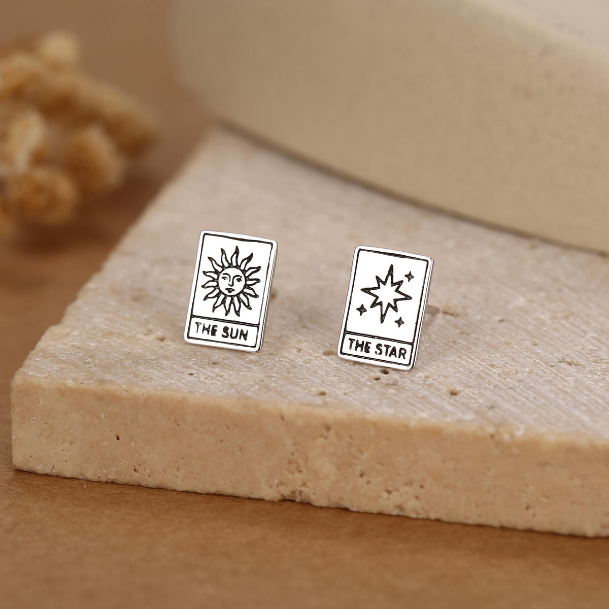 Sterling Silver Mismatched Tarot Card Sun and Star Stud Earrings
