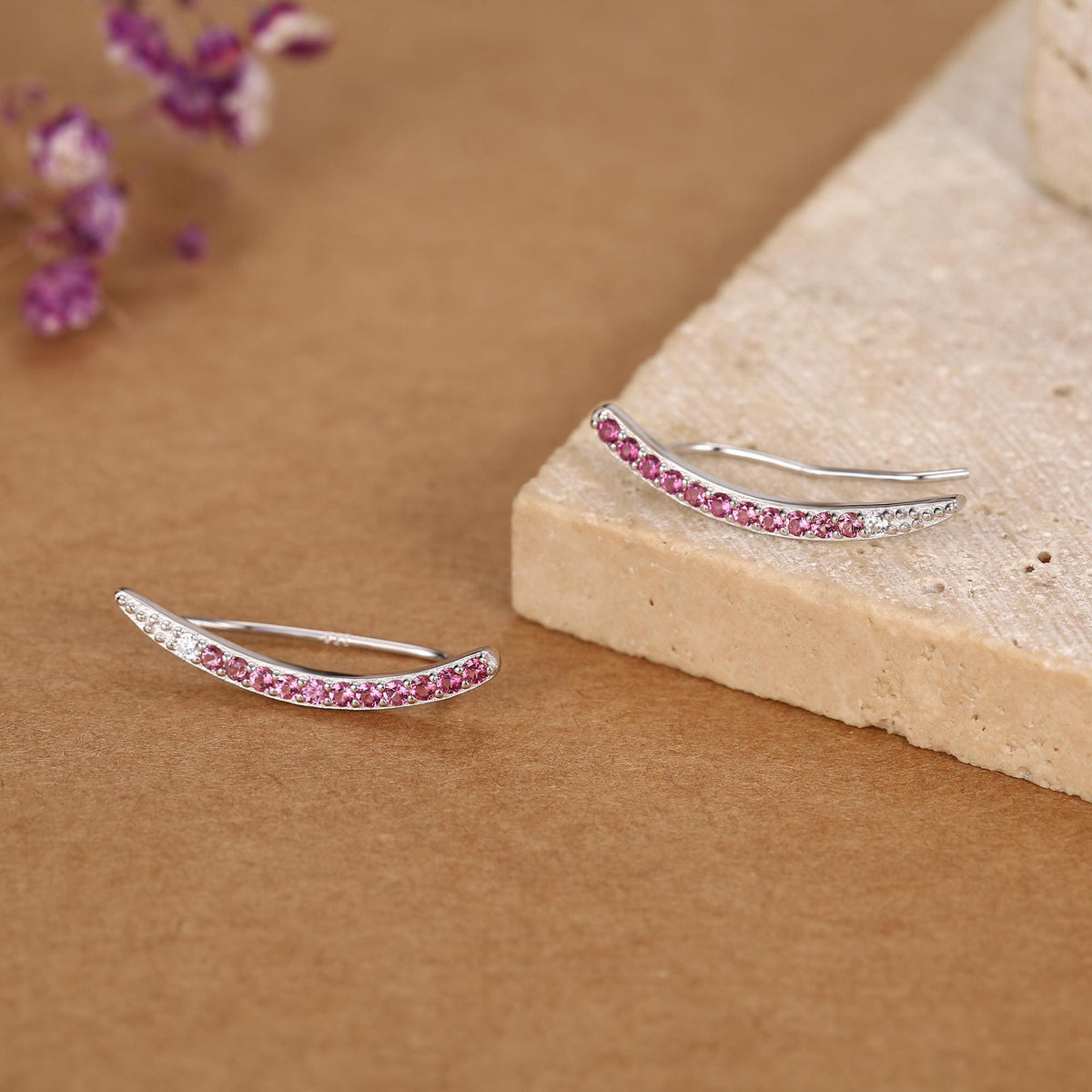 Ombre Ruby Pink CZ Crawler Earrings in Sterling Silver, Silver or Gold, Gradient Colour Ear Crawlers, July Birthstone Ear Climbers