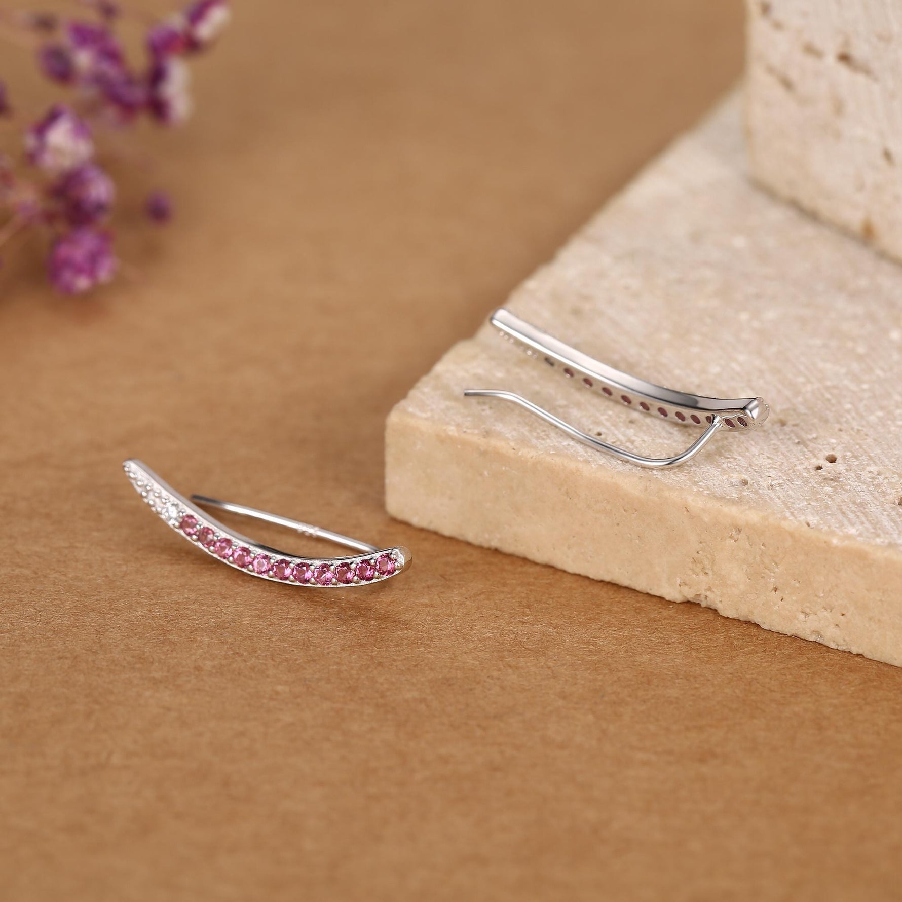 Ombre Ruby Pink CZ Crawler Earrings in Sterling Silver, Silver or Gold, Gradient Colour Ear Crawlers, July Birthstone Ear Climbers