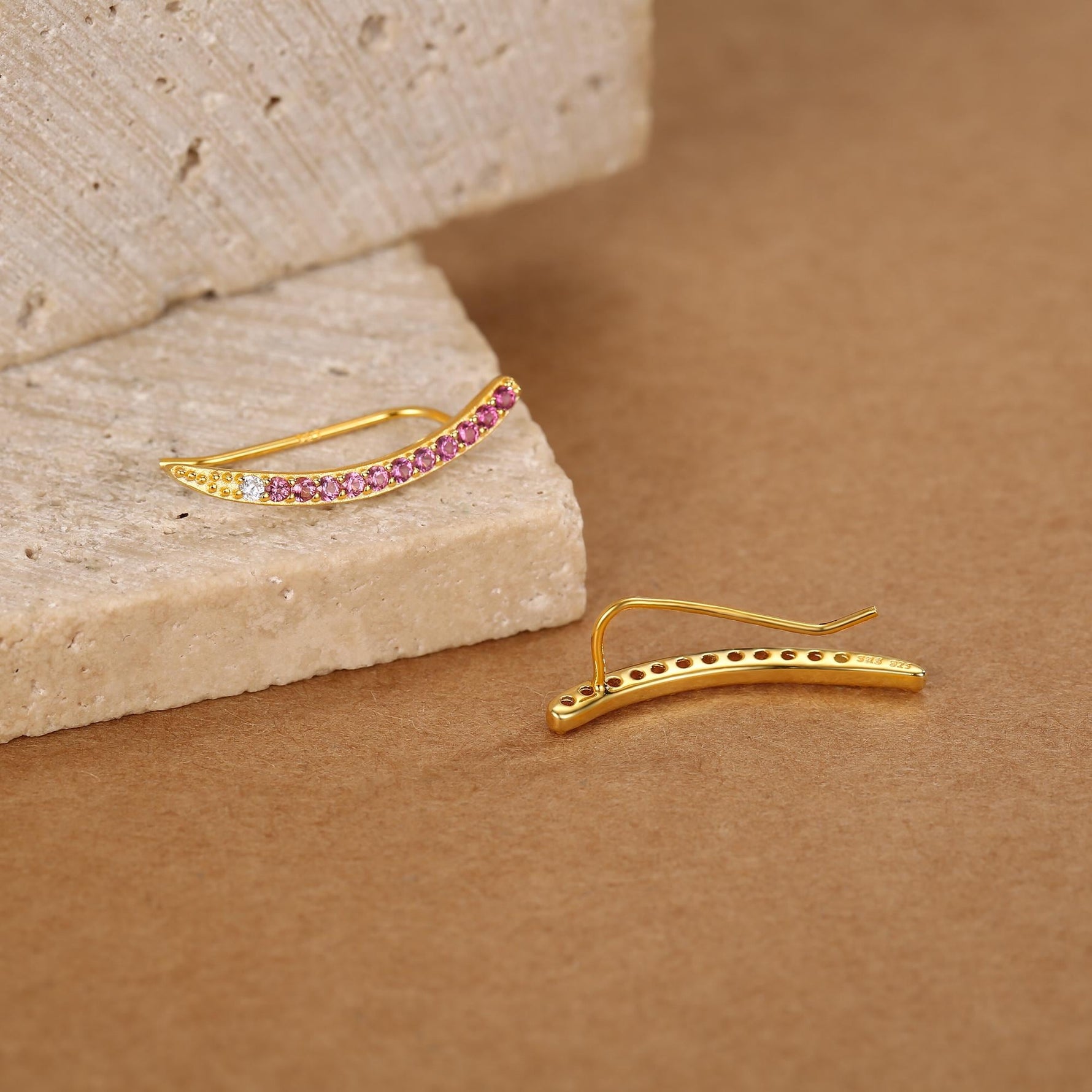 Ombre Ruby Pink CZ Crawler Earrings in Sterling Silver, Silver or Gold, Gradient Colour Ear Crawlers, July Birthstone Ear Climbers
