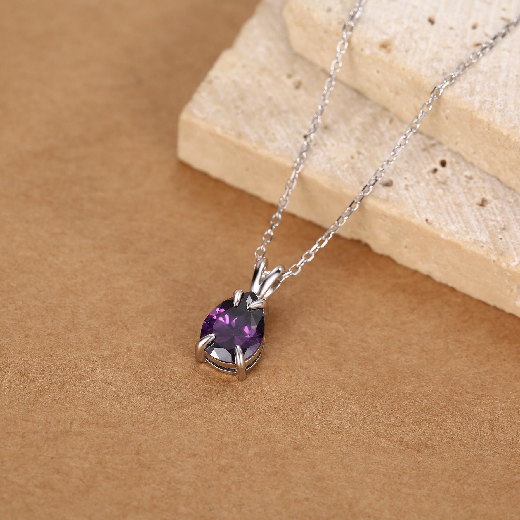 Amethyst Purple CZ Pear Cut Pendant Necklace