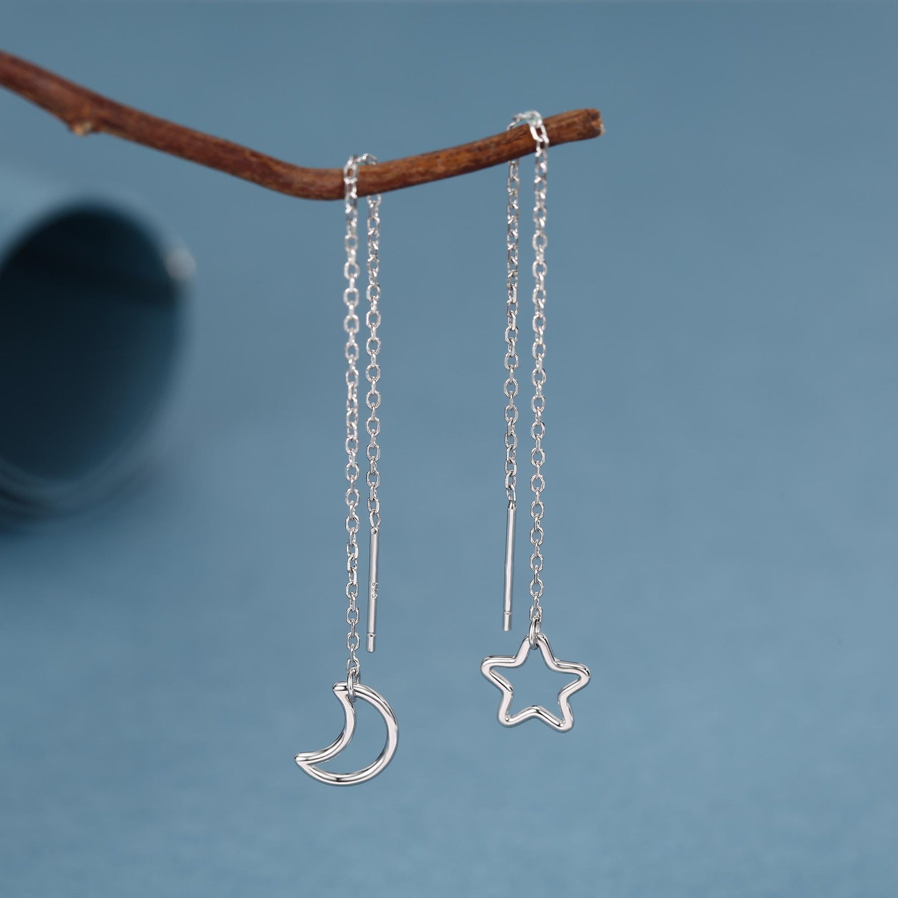 Asymmetric Star and Moon Ear Threaders in Sterling Silver, Delicate Star and Moon Threader Earrings, Dainty Open Star Dangle Earrings