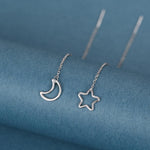 Asymmetric Star and Moon Ear Threaders in Sterling Silver, Delicate Star and Moon Threader Earrings, Dainty Open Star Dangle Earrings