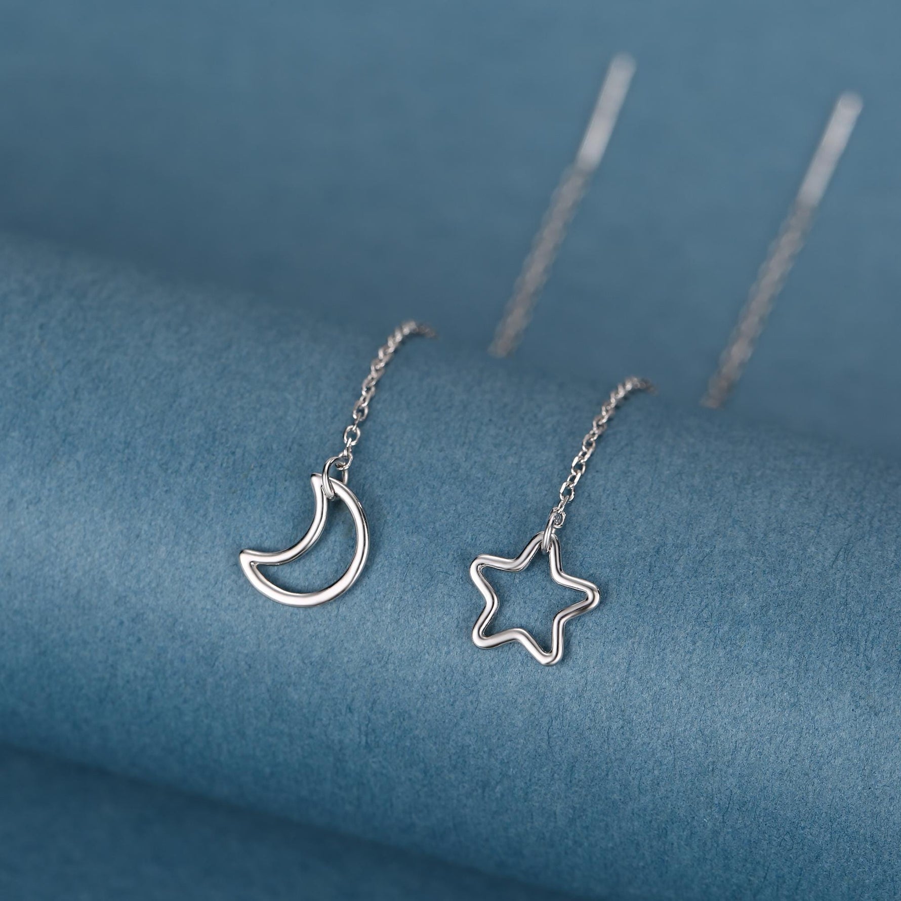 Asymmetric Star and Moon Ear Threaders in Sterling Silver, Delicate Star and Moon Threader Earrings, Dainty Open Star Dangle Earrings