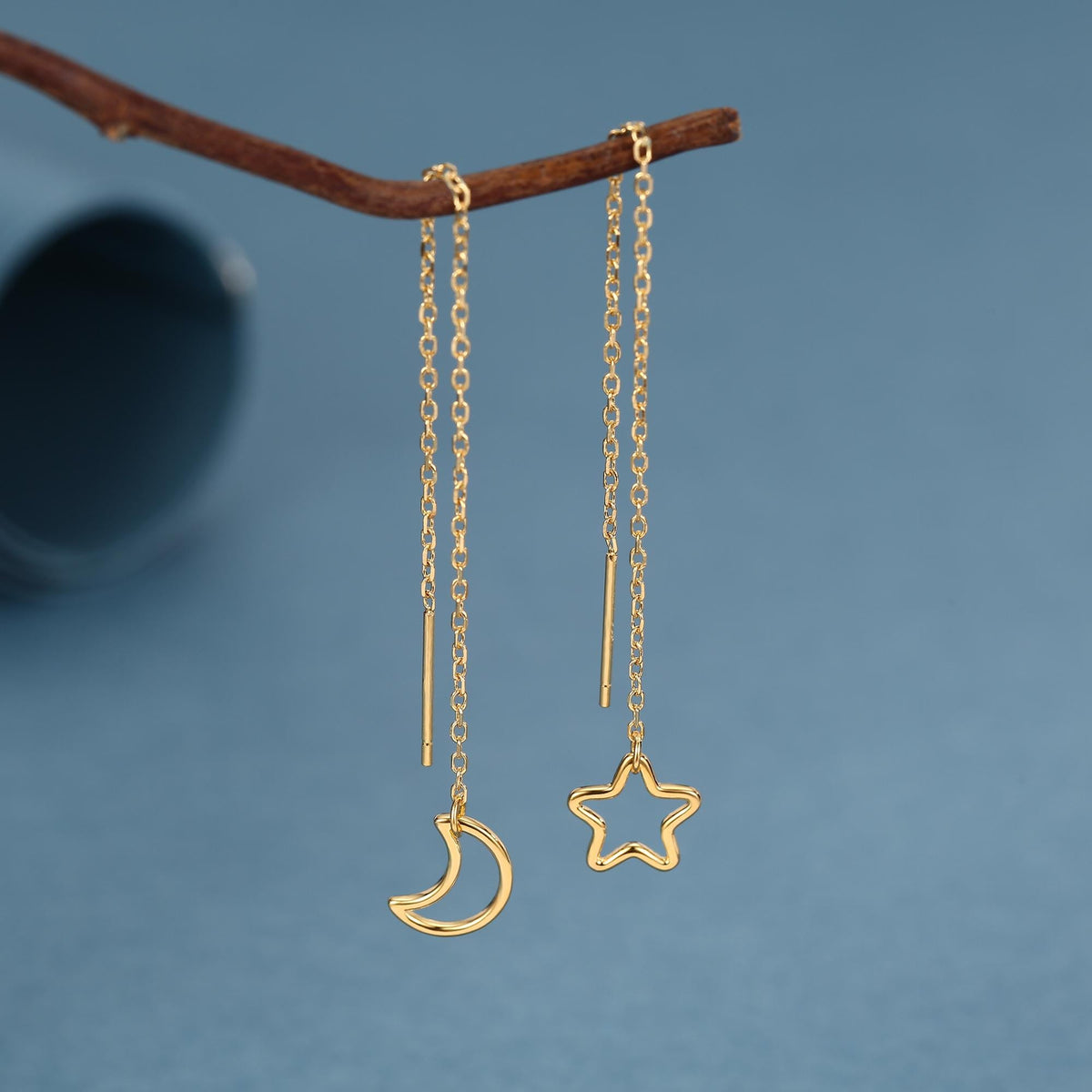 Asymmetric Star and Moon Ear Threaders in Sterling Silver, Delicate Star and Moon Threader Earrings, Dainty Open Star Dangle Earrings