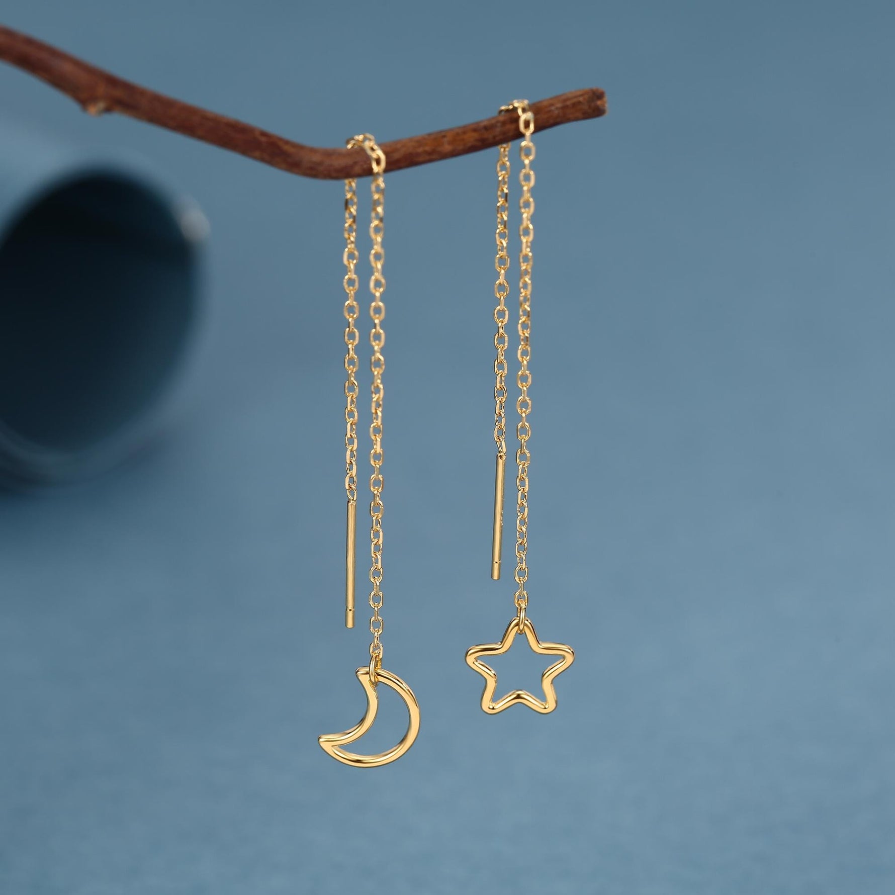 Asymmetric Star and Moon Ear Threaders in Sterling Silver, Delicate Star and Moon Threader Earrings, Dainty Open Star Dangle Earrings
