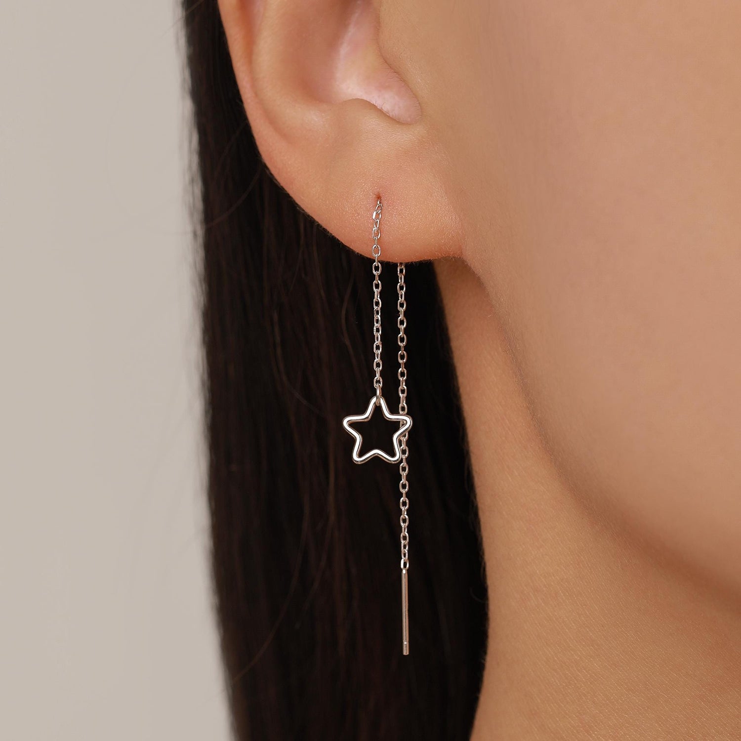 Asymmetric Star and Moon Ear Threaders in Sterling Silver, Delicate Star and Moon Threader Earrings, Dainty Open Star Dangle Earrings