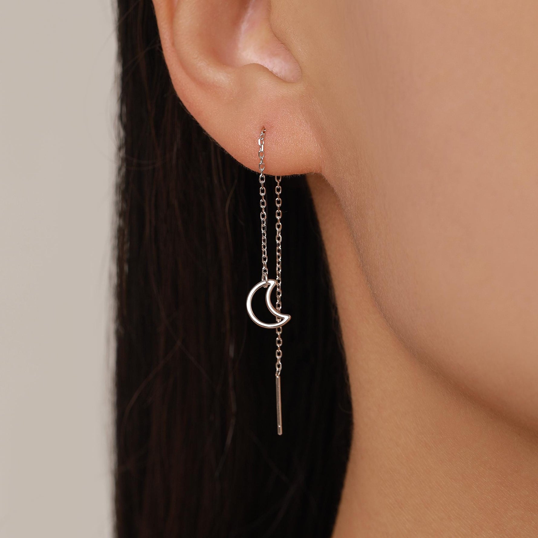 Asymmetric Star and Moon Ear Threaders in Sterling Silver, Delicate Star and Moon Threader Earrings, Dainty Open Star Dangle Earrings