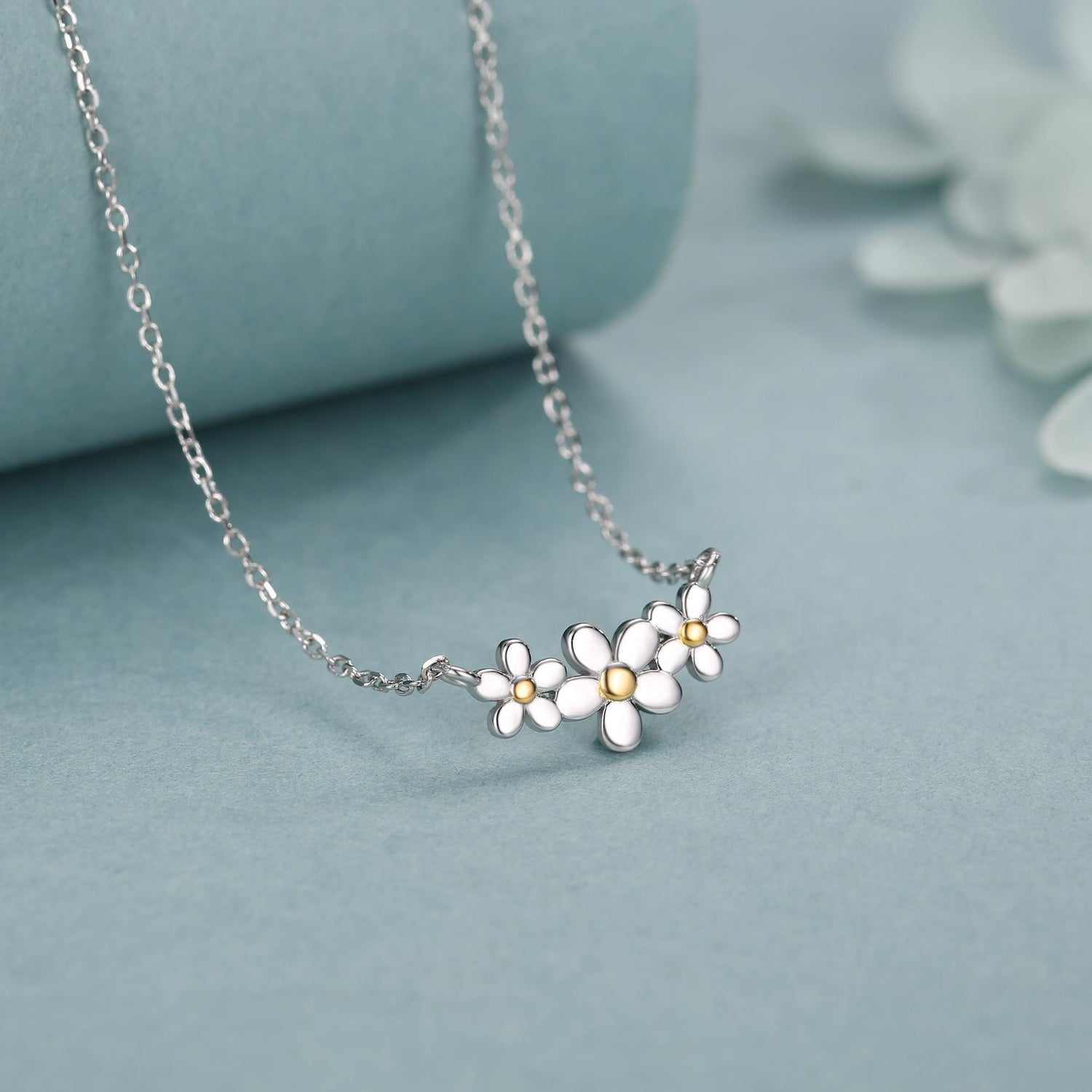 Forget Me Not Flower Trio Pendant Necklace