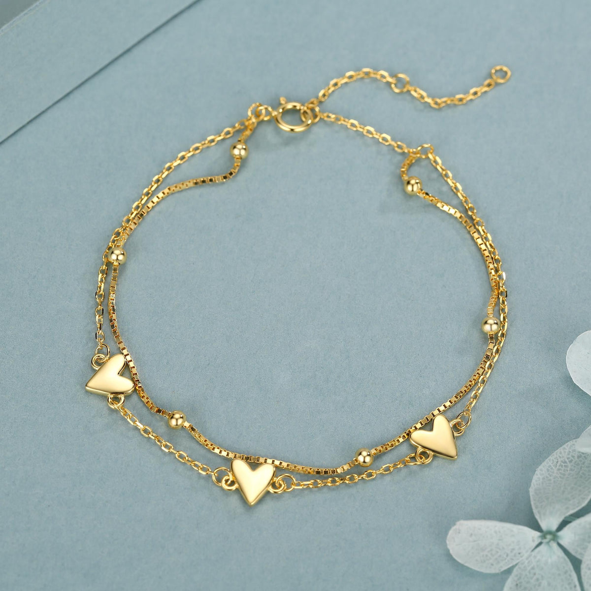 Double Layer Three Hearts Charm Bracelet