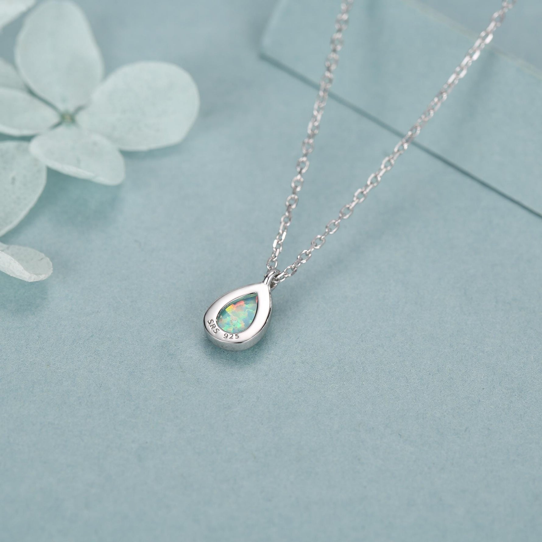 Green Opal Droplet Pendant Necklace in Sterling Silver, Lab Opal Necklace, Pear Shape Opal Necklace, Fire Opal Necklace