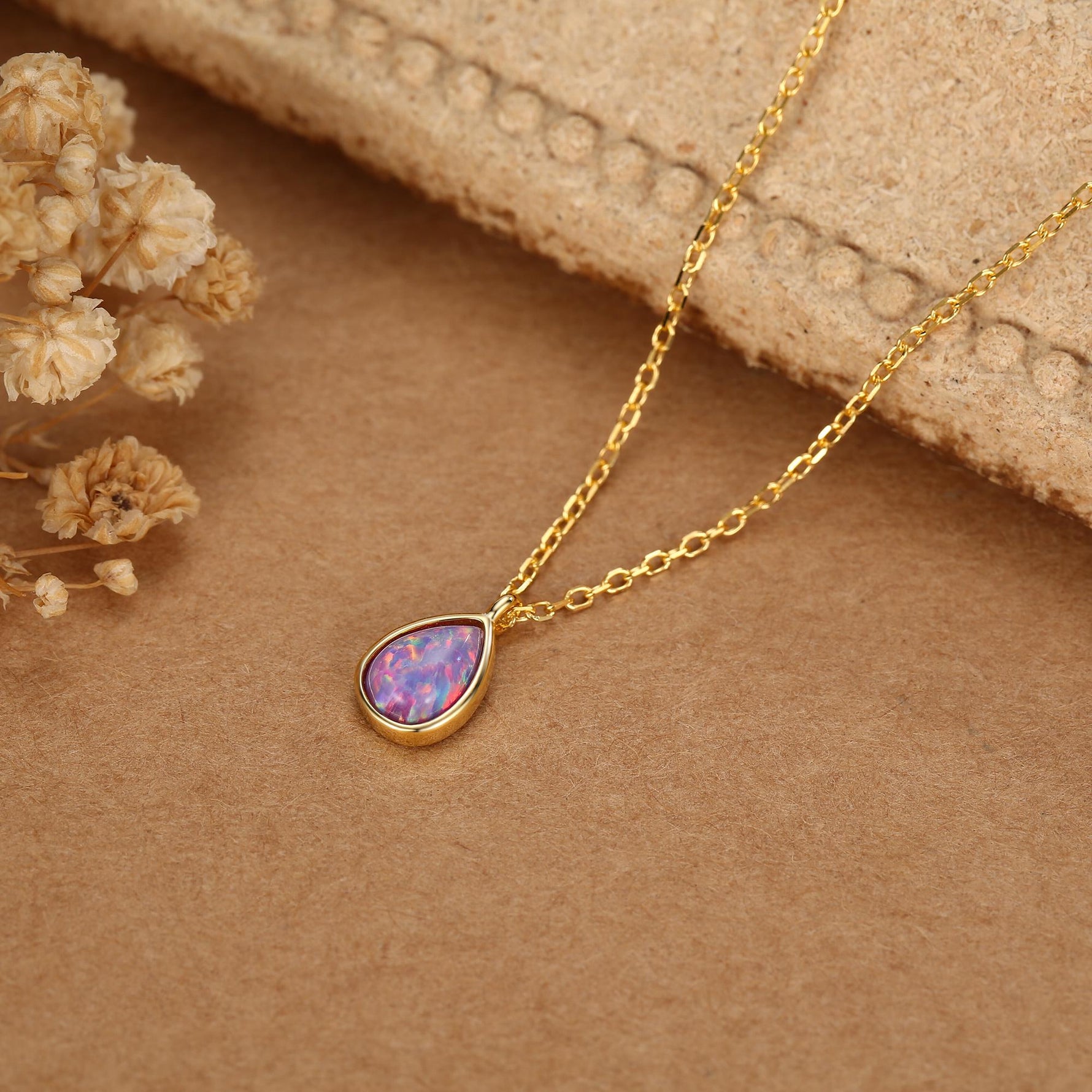 Droplet Purple Opal Pendant Necklace in Sterling Silver, Lab Opal Necklace, Pear Shape Opal Necklace, Fire Opal Necklace
