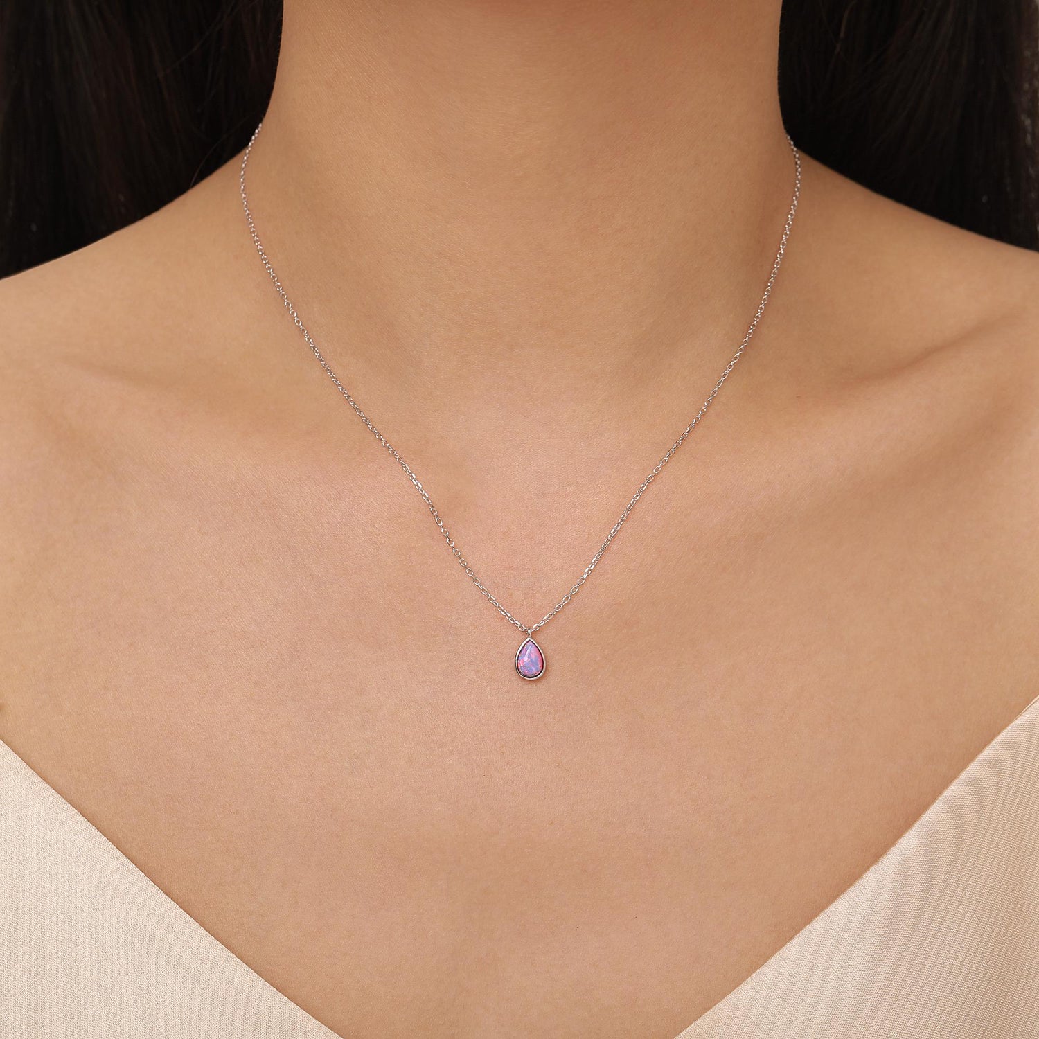 Droplet Purple Opal Pendant Necklace in Sterling Silver, Lab Opal Necklace, Pear Shape Opal Necklace, Fire Opal Necklace