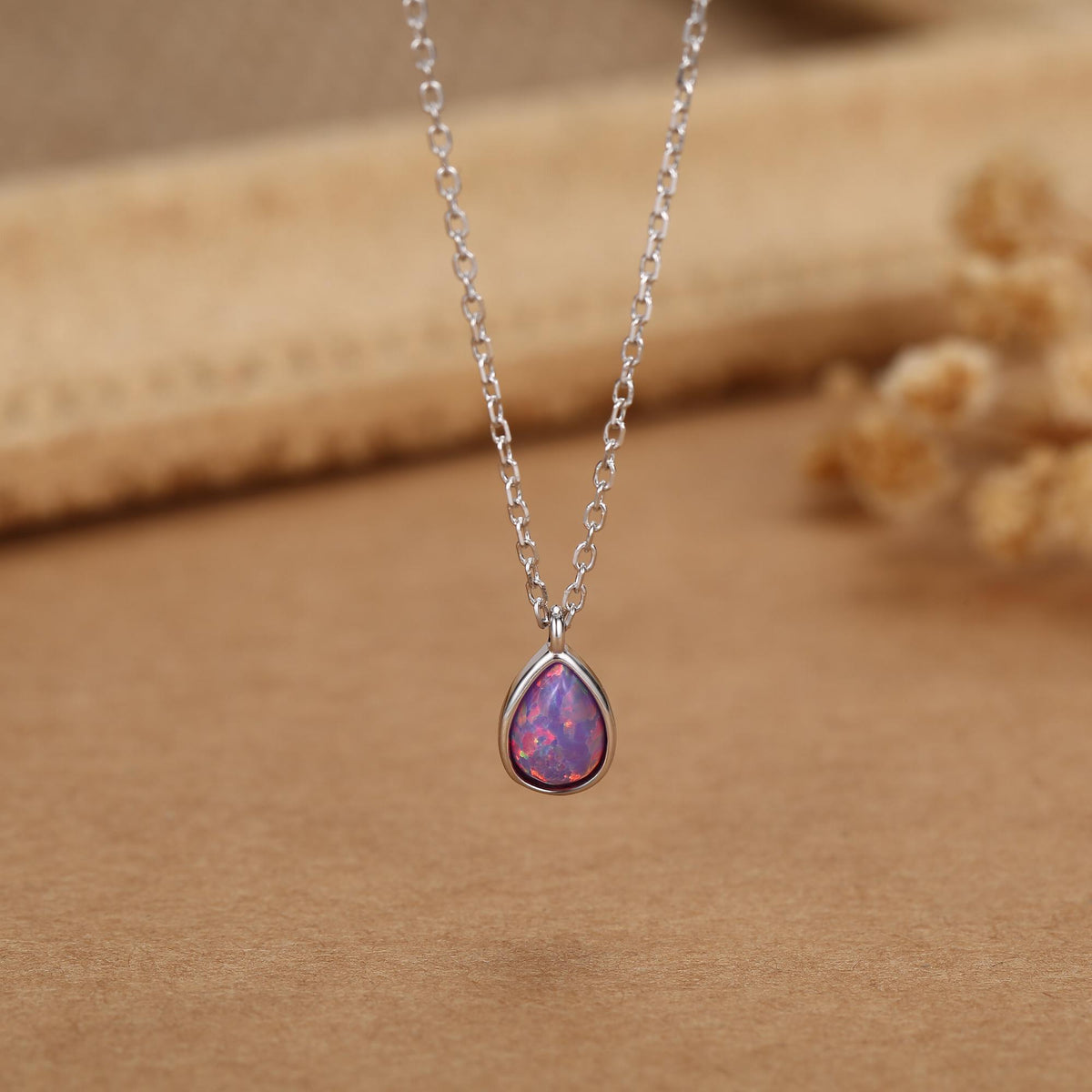 Droplet Purple Opal Pendant Necklace in Sterling Silver, Lab Opal Necklace, Pear Shape Opal Necklace, Fire Opal Necklace