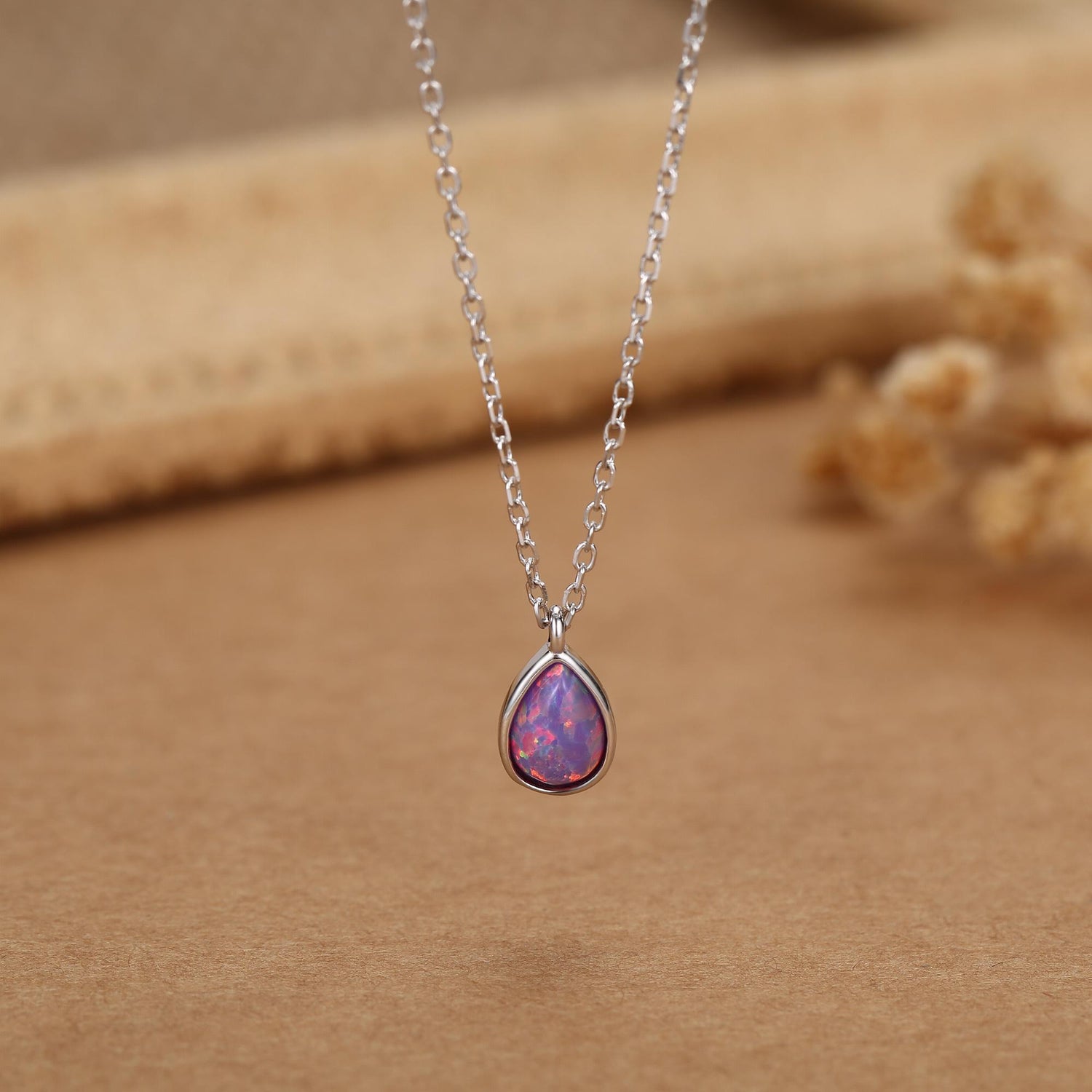 Droplet Purple Opal Pendant Necklace in Sterling Silver, Lab Opal Necklace, Pear Shape Opal Necklace, Fire Opal Necklace