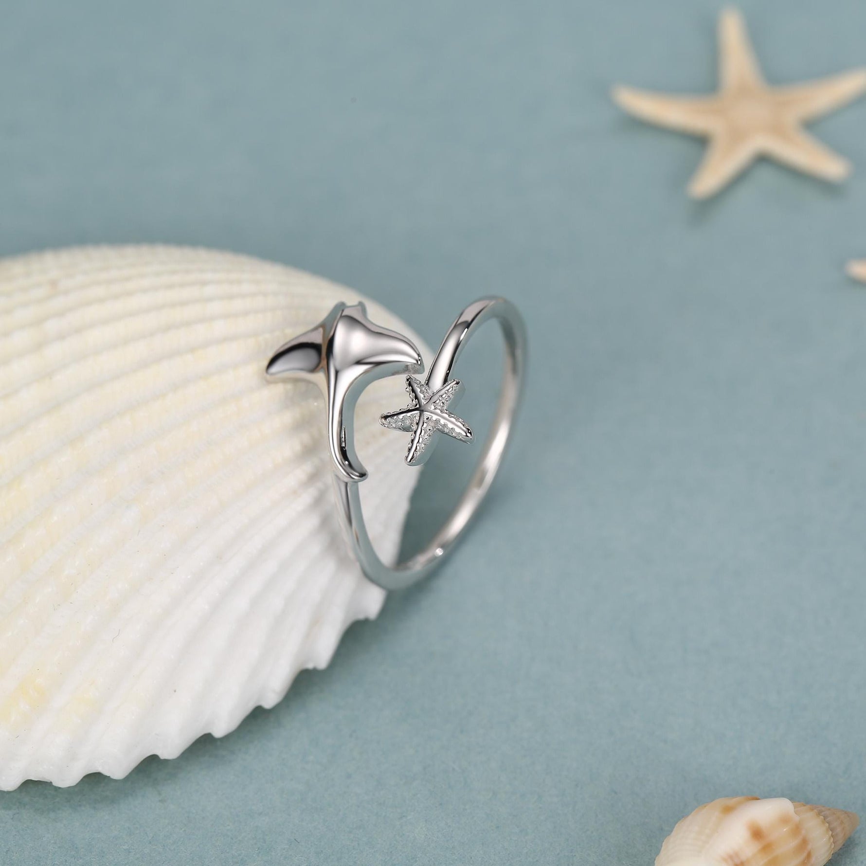 Sterling Silver Manta Ray and Starfish Open Ring