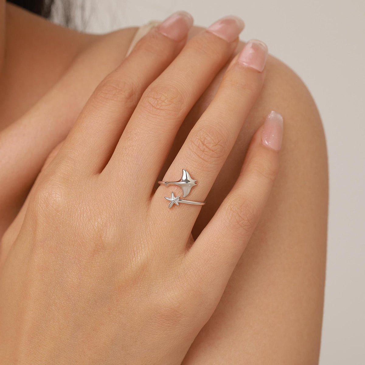 Sterling Silver Manta Ray and Starfish Open Ring
