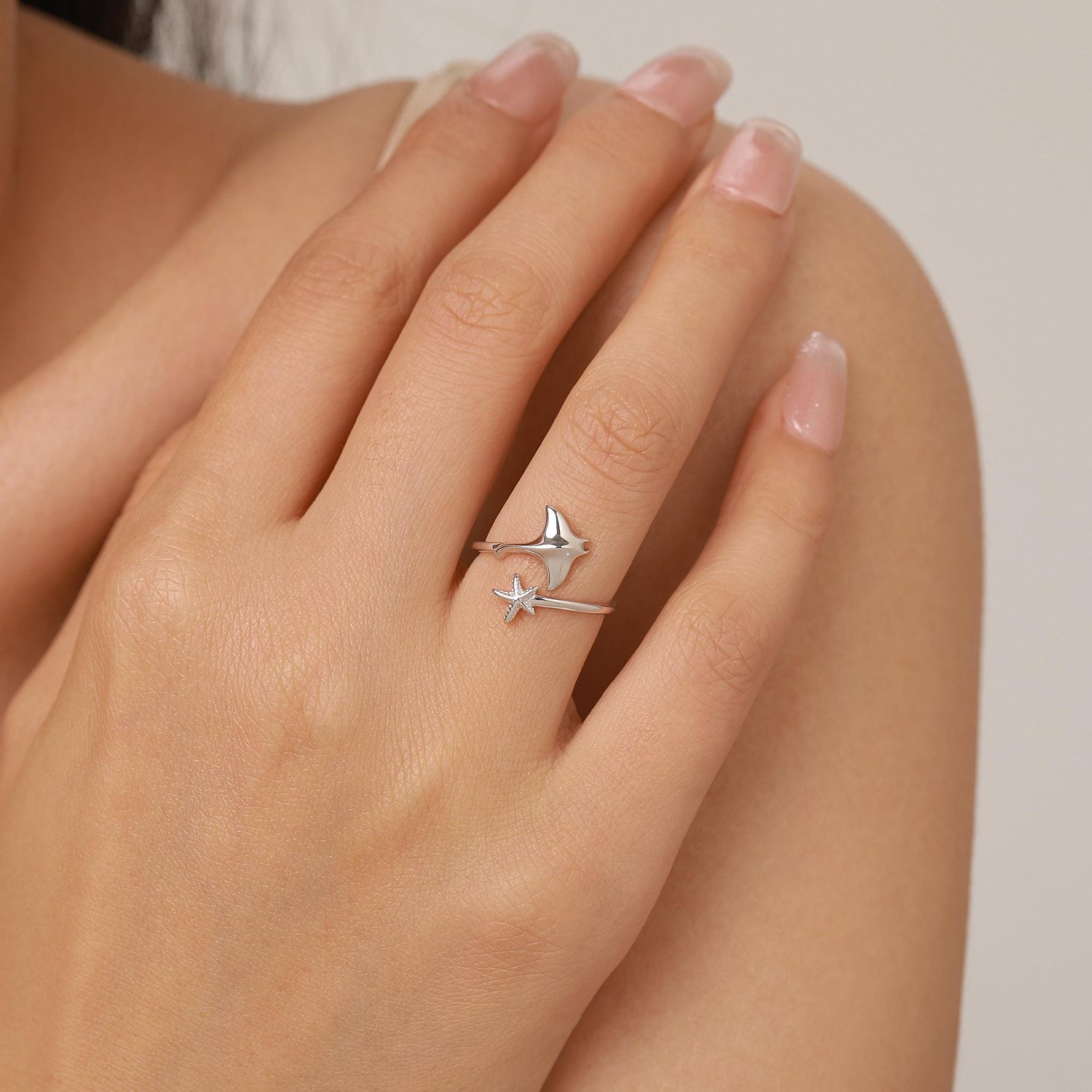 Sterling Silver Manta Ray and Starfish Open Ring