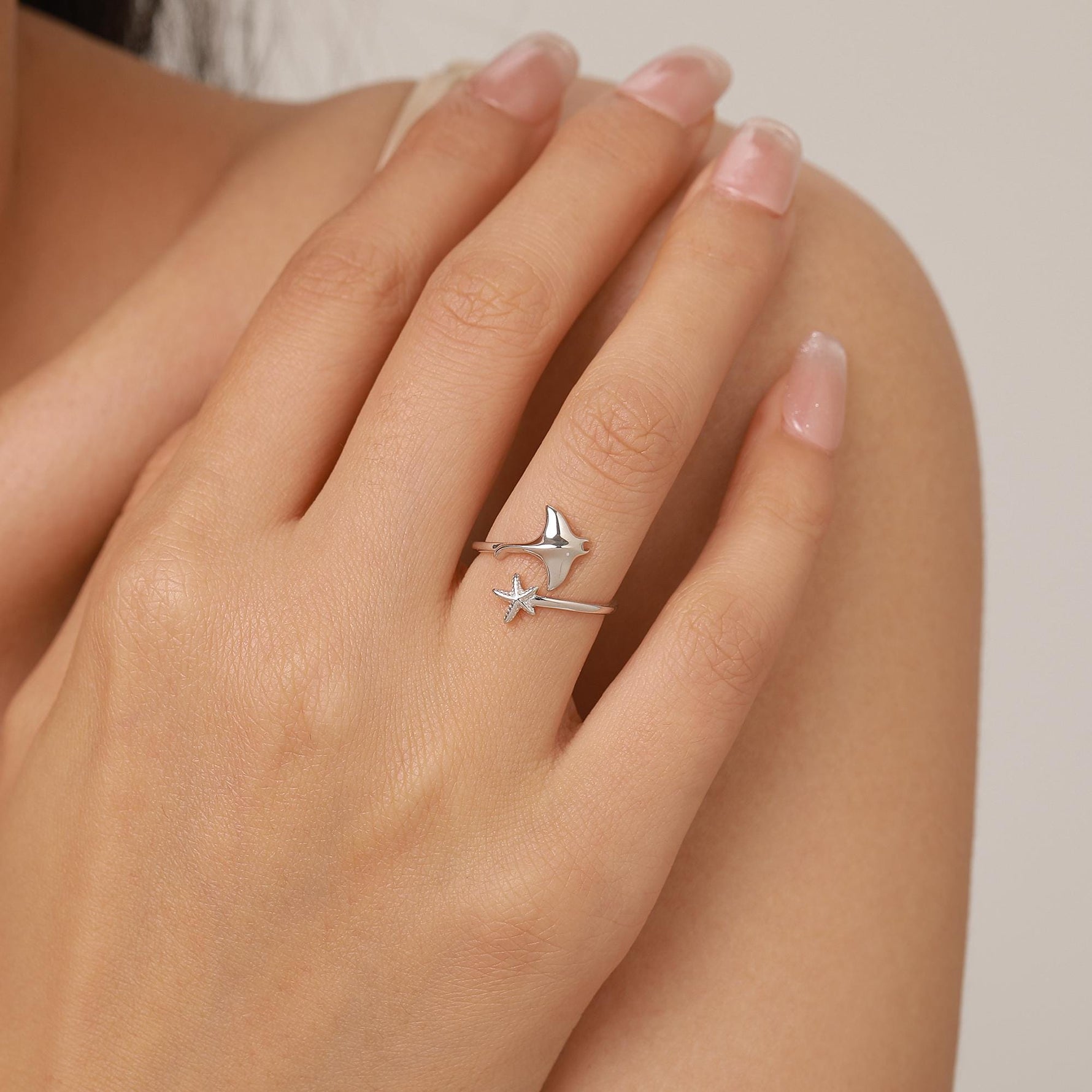 Sterling Silver Manta Ray and Starfish Open Ring