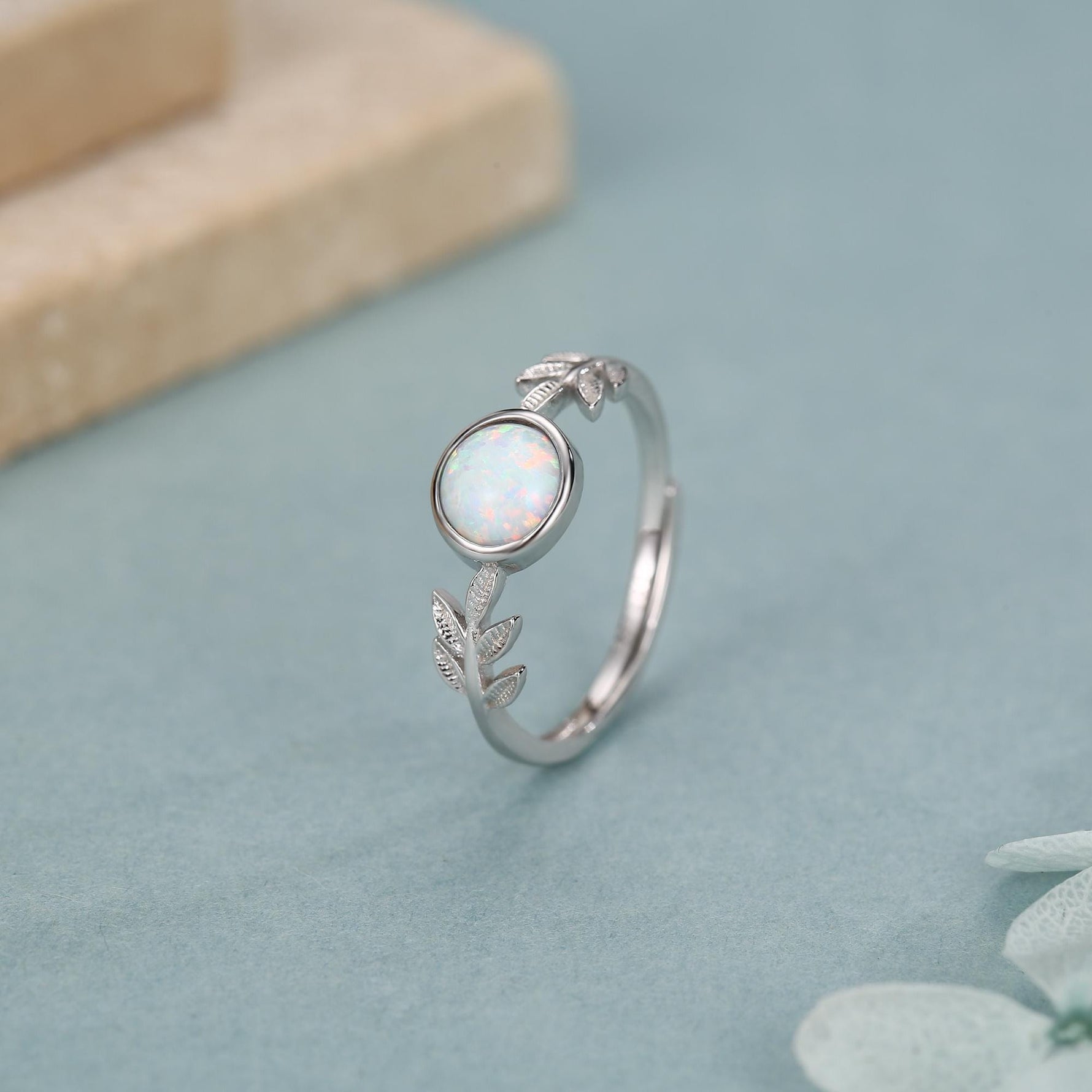 White Opal and Olive Leaf Gemstone Ring