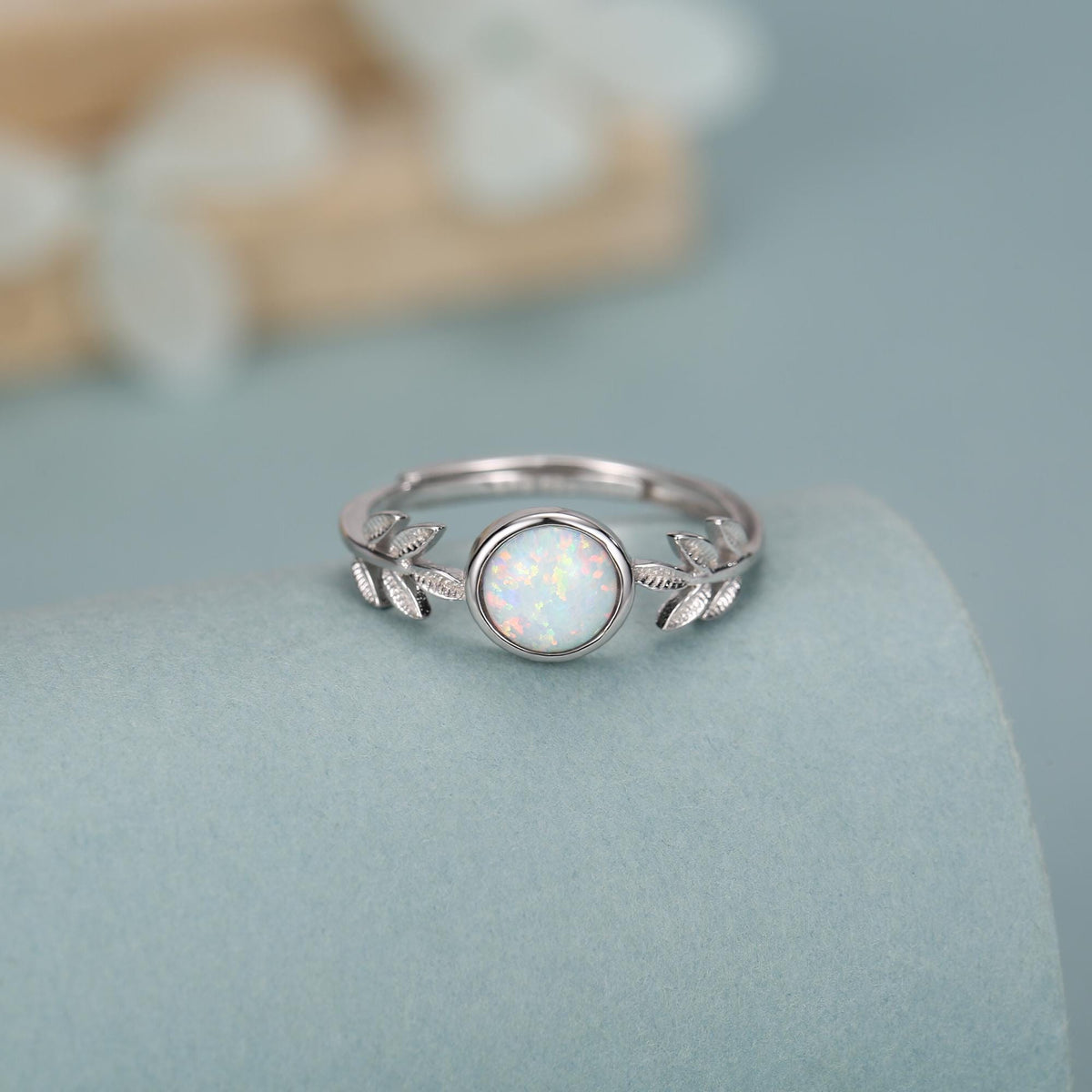 White Opal and Olive Leaf Gemstone Ring