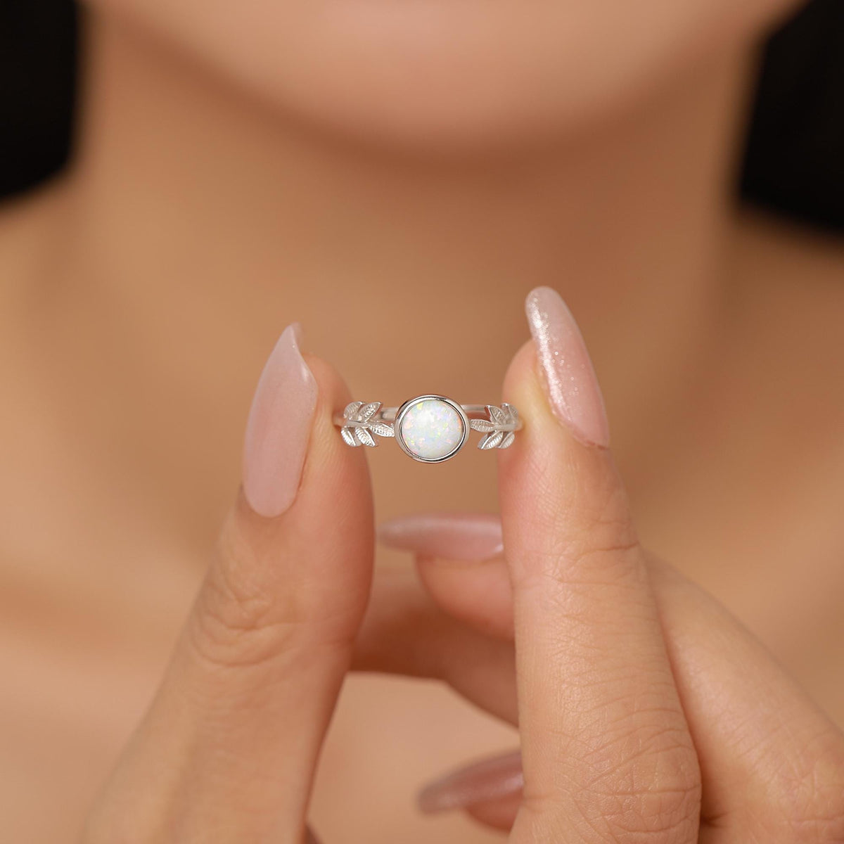White Opal and Olive Leaf Gemstone Ring