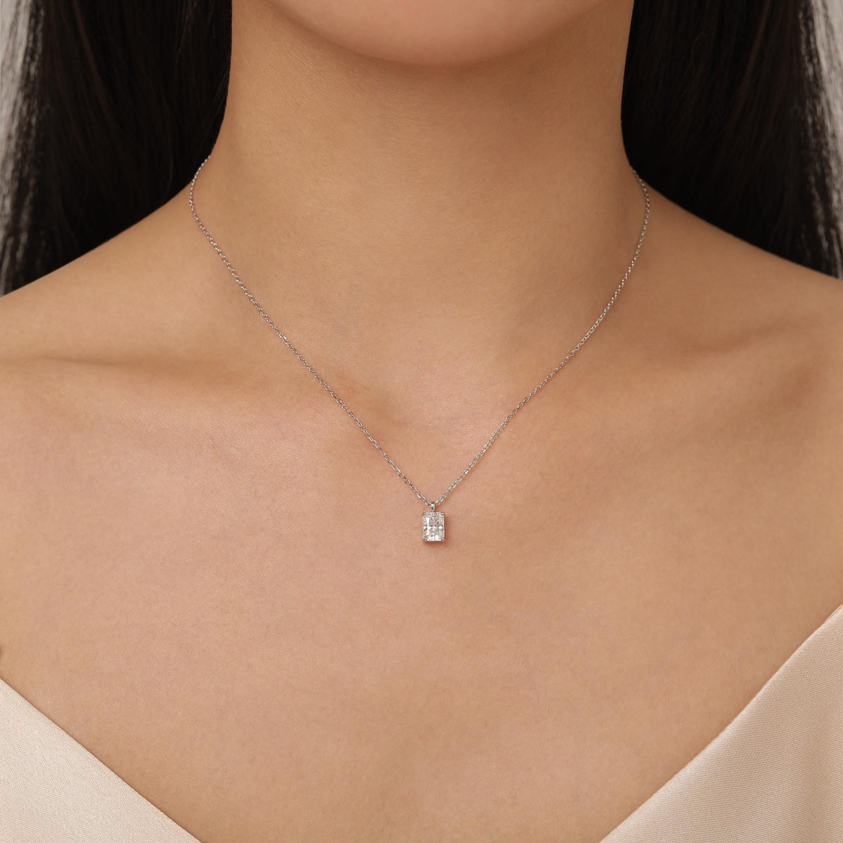 Sterling Silver Radiant Cut Emerald Shape Moissanite Necklace