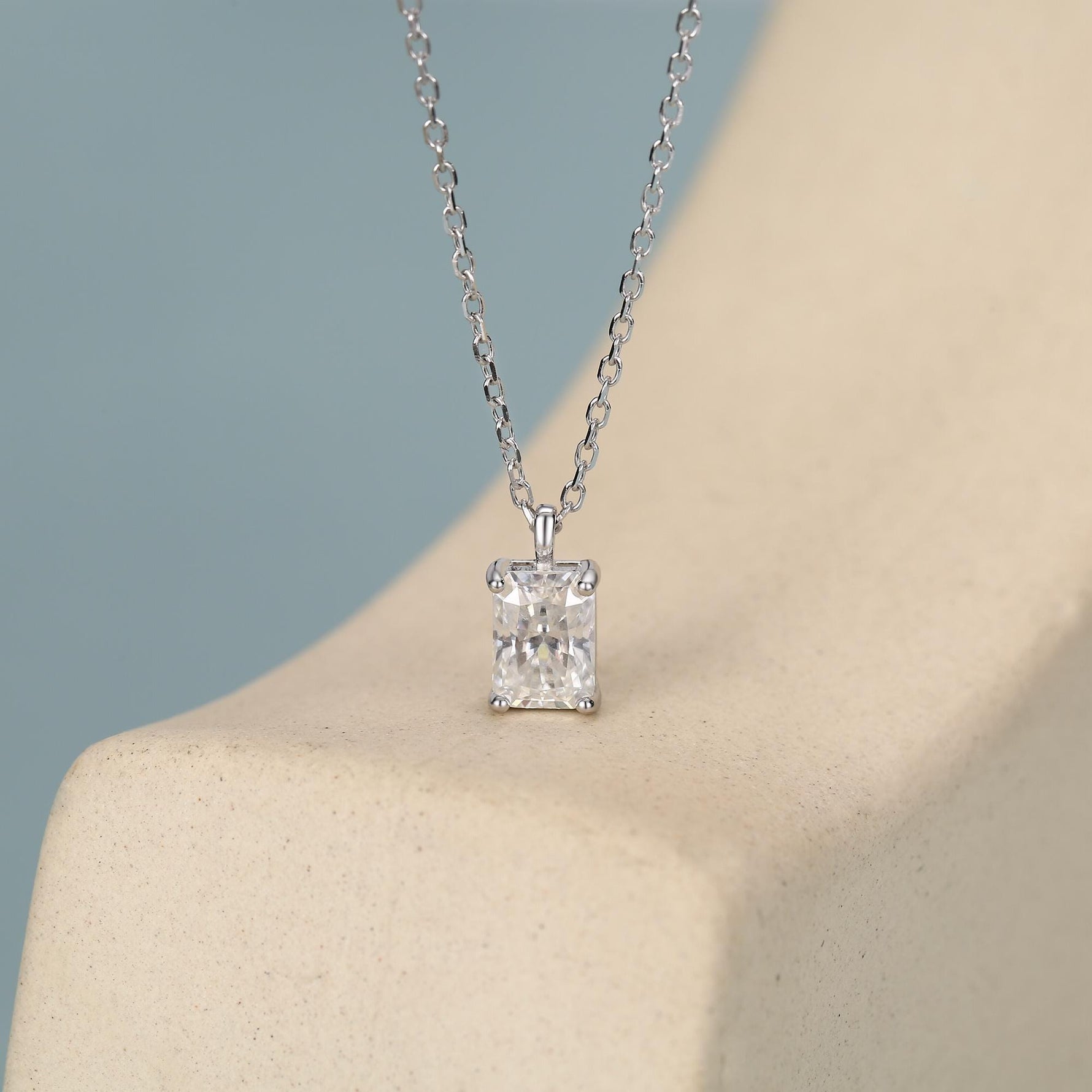 Sterling Silver Radiant Cut Emerald Shape Moissanite Necklace