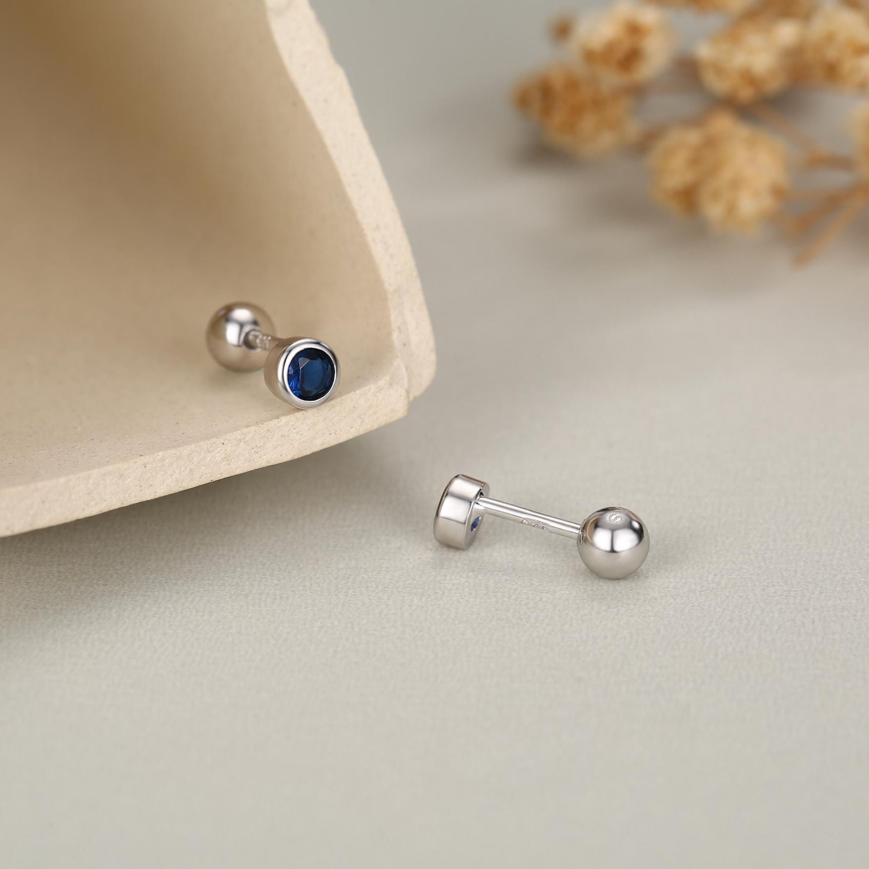 Sterling Silver Bezel Set Sapphire Blue CZ Crystal Screw Back Earrings, 3mm CZ Piercing Jewellery, Brilliant Cut Blue CZ Barbell Earrings