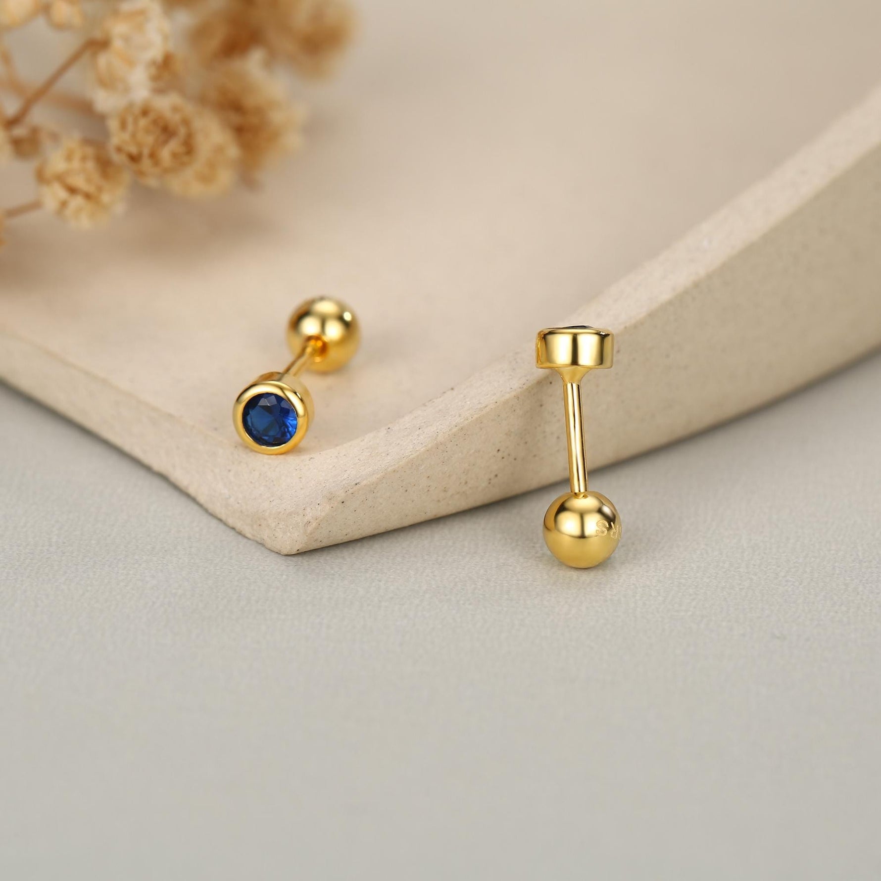 Sterling Silver Bezel Set Sapphire Blue CZ Crystal Screw Back Earrings, 3mm CZ Piercing Jewellery, Brilliant Cut Blue CZ Barbell Earrings