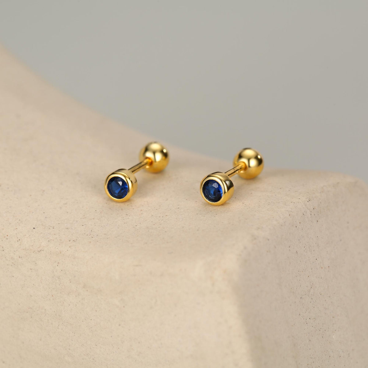 Sterling Silver Bezel Set Sapphire Blue CZ Crystal Screw Back Earrings, 3mm CZ Piercing Jewellery, Brilliant Cut Blue CZ Barbell Earrings