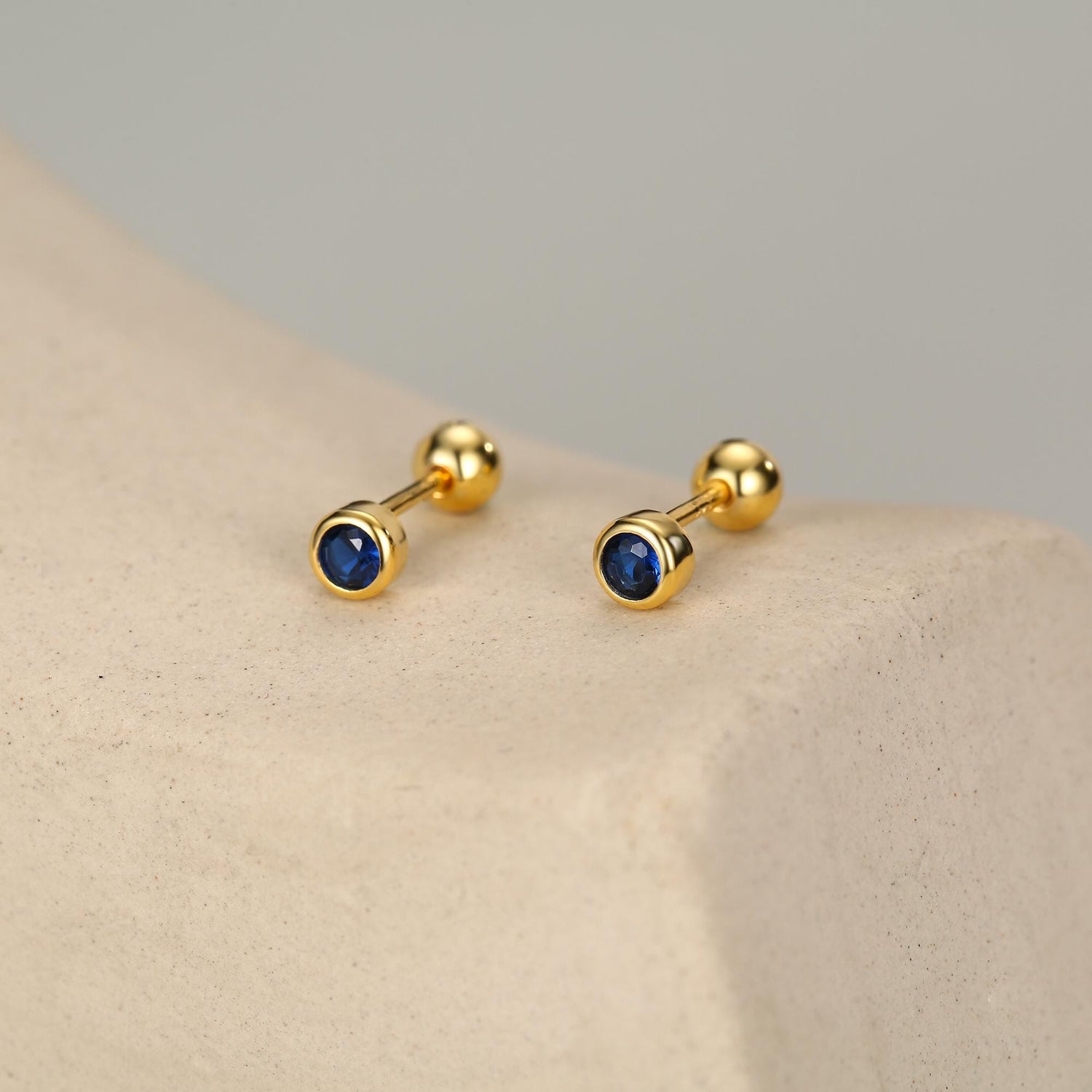 Sterling Silver Bezel Set Sapphire Blue CZ Crystal Screw Back Earrings, 3mm CZ Piercing Jewellery, Brilliant Cut Blue CZ Barbell Earrings