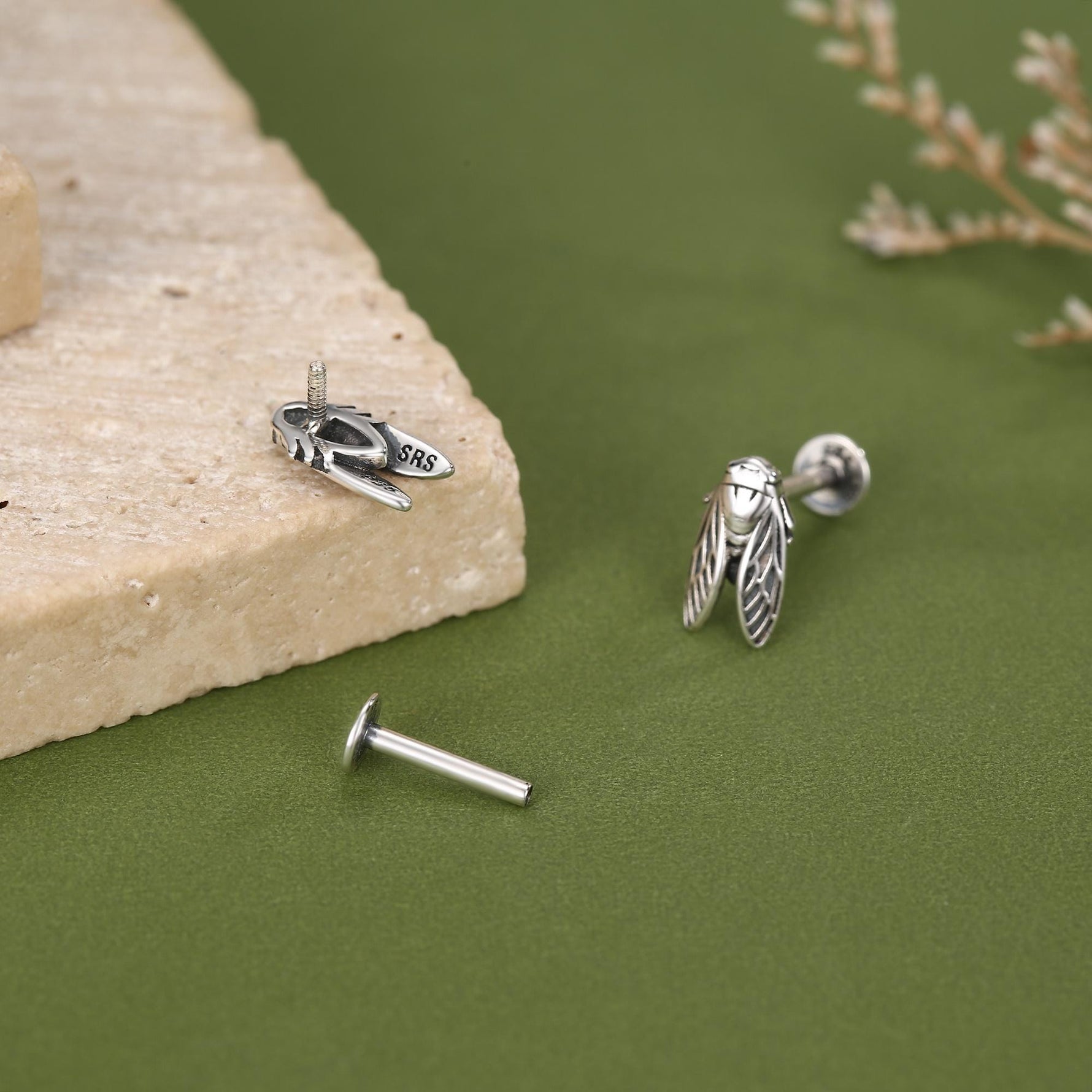 Sterling Silver Cicada 16G Flat Back Stud Earrings