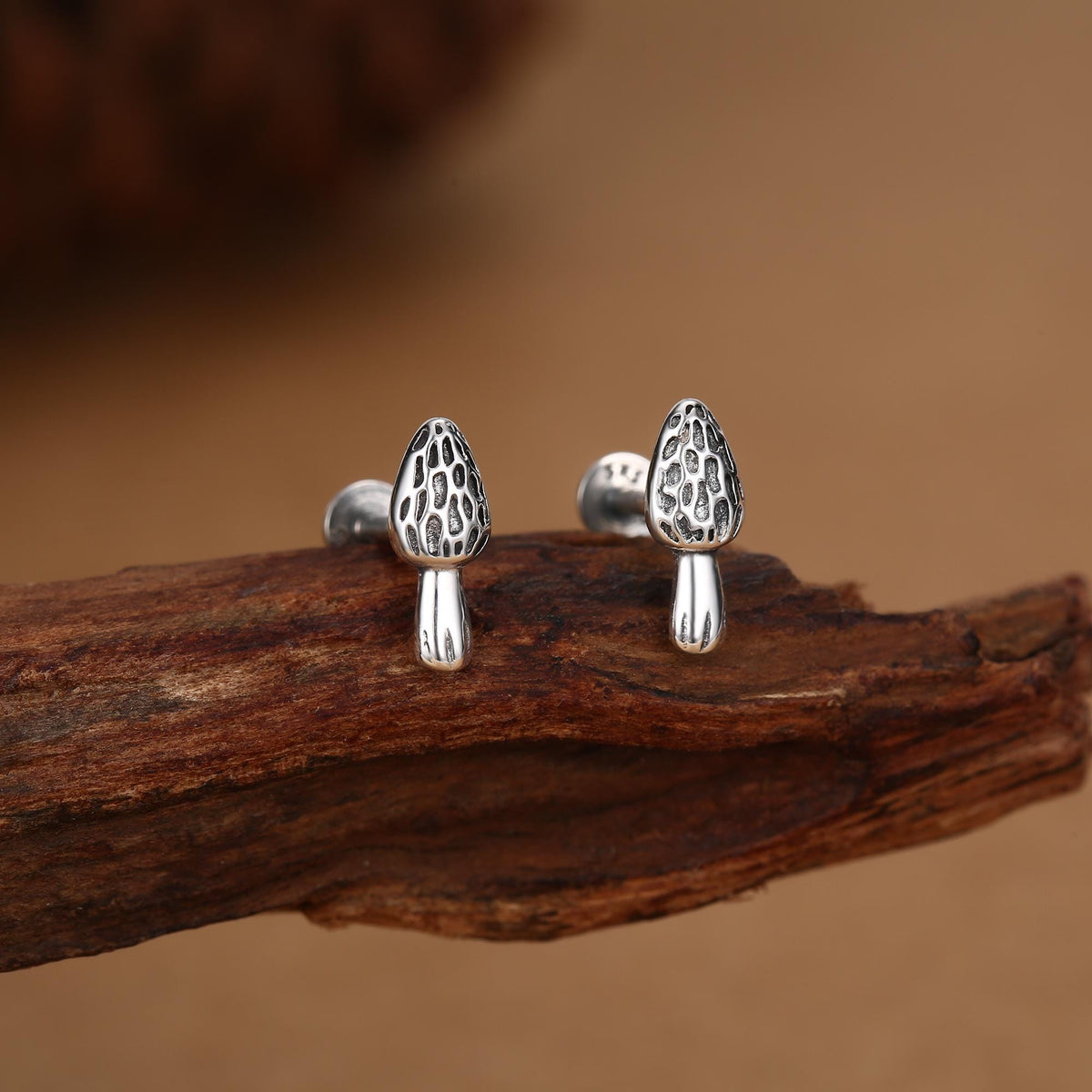 Sterling Silver Morel Mushroom 16G Flat Back Stud Earrings