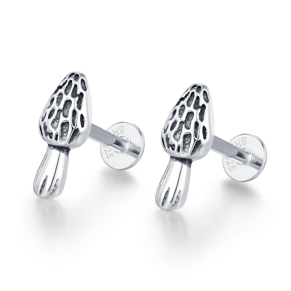 Sterling Silver Morel Mushroom 16G Flat Back Stud Earrings