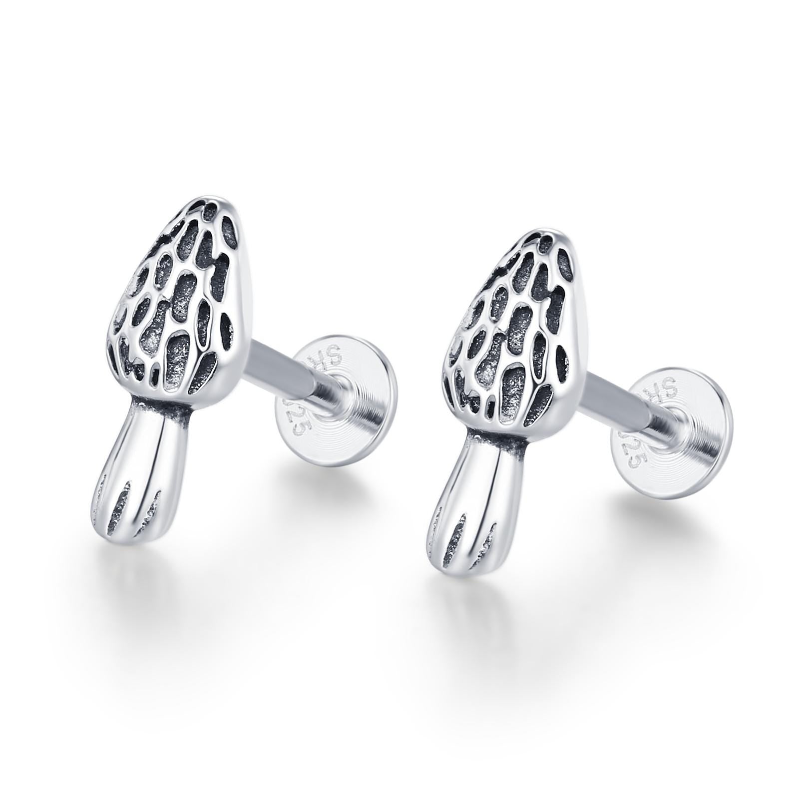 Sterling Silver Morel Mushroom 16G Flat Back Stud Earrings