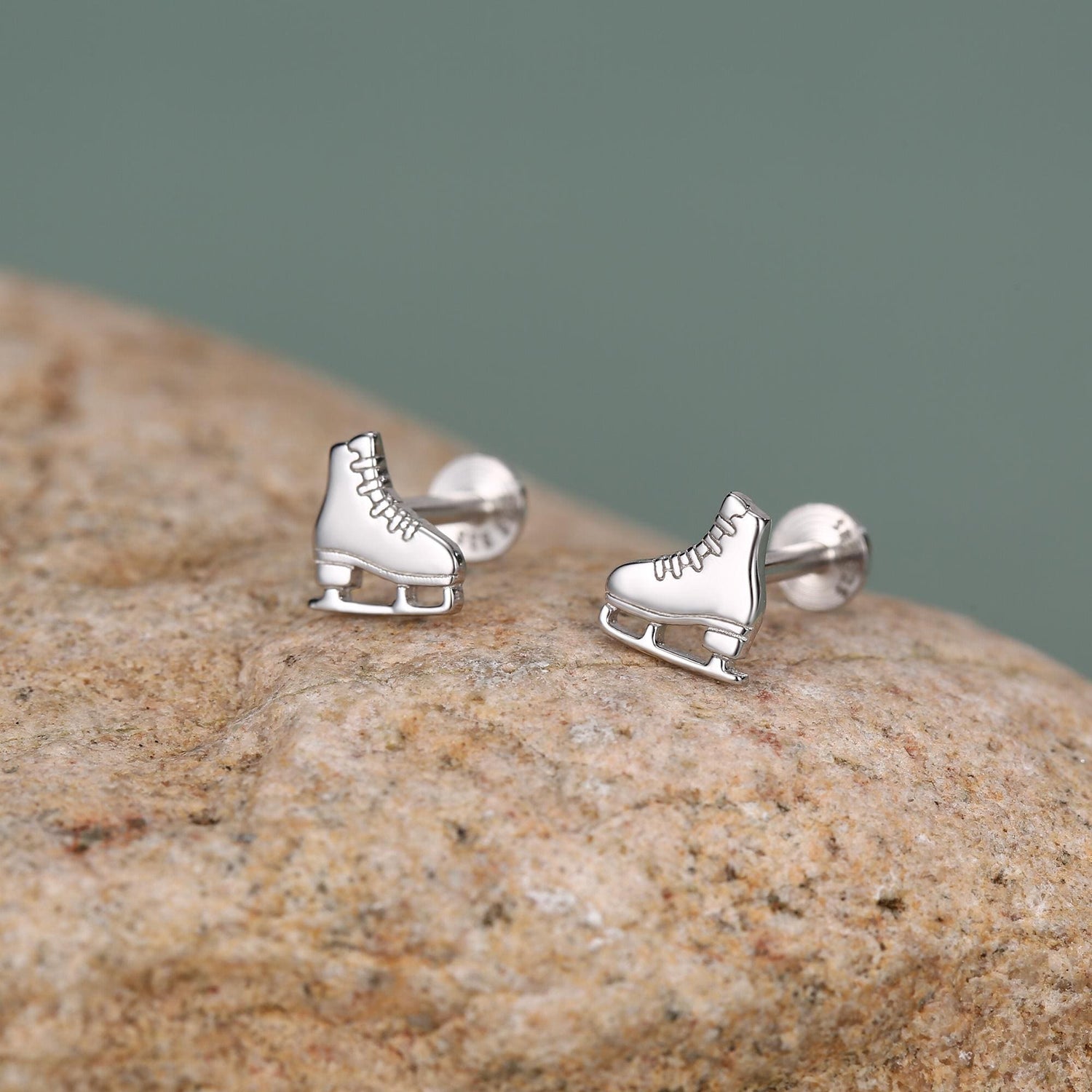 Sterling Silver Ice Skate 16G Flat Back Stud Earrings