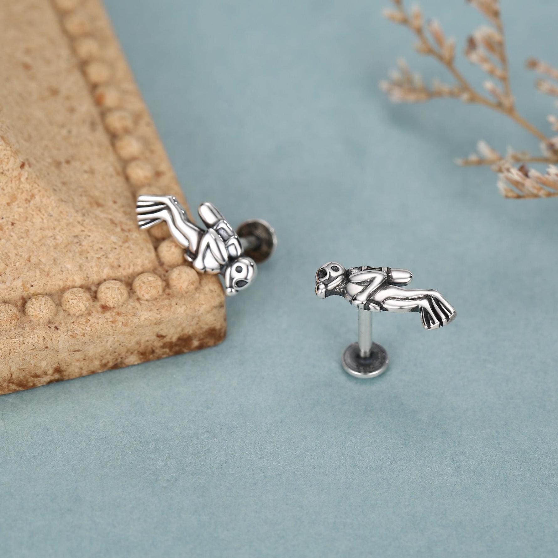 Sterling Silver Scuba Diver 16G Flat Back Stud Earrings
